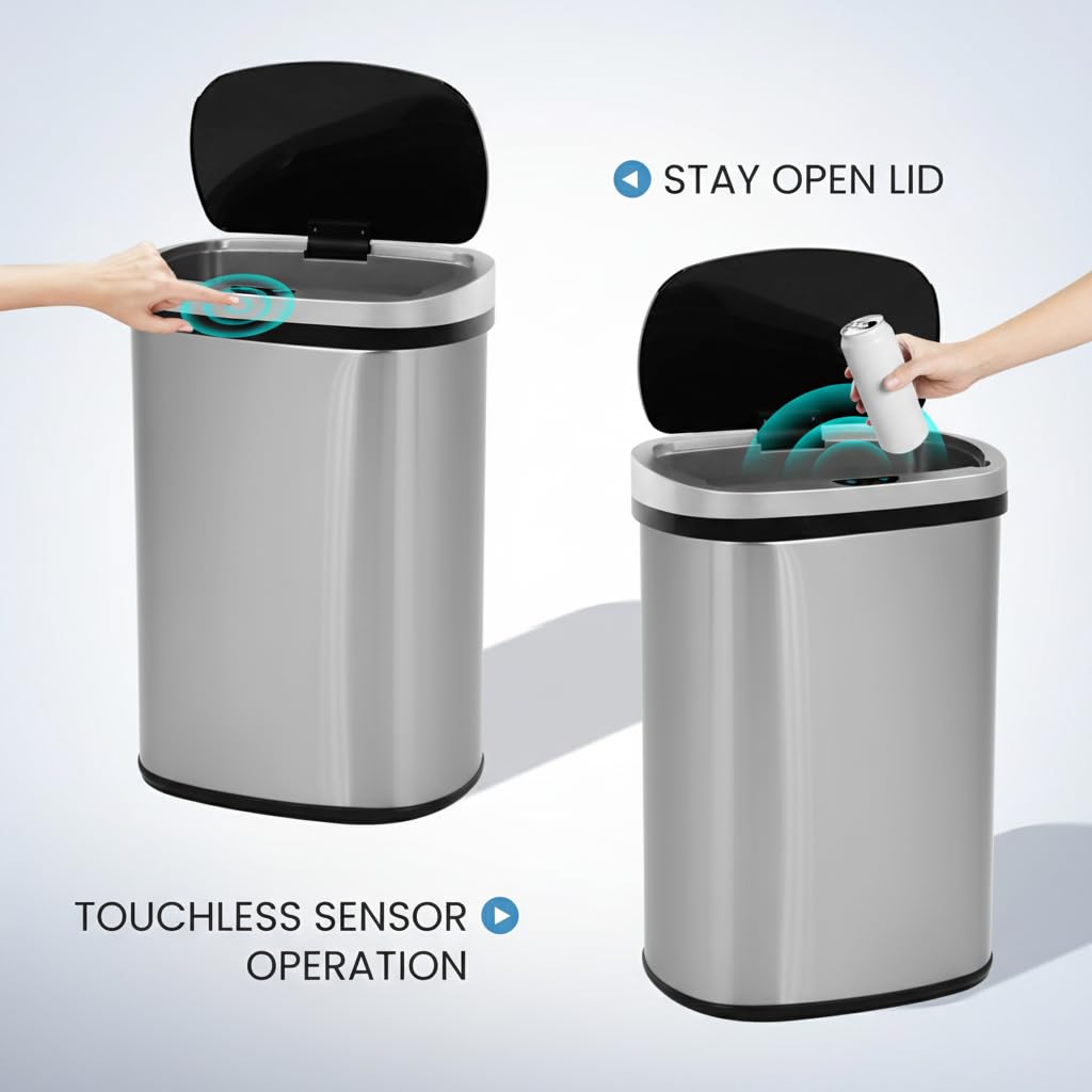 13 Gallon Touch-Free Motion Sensor Stainless-Steel Trash Can H23828