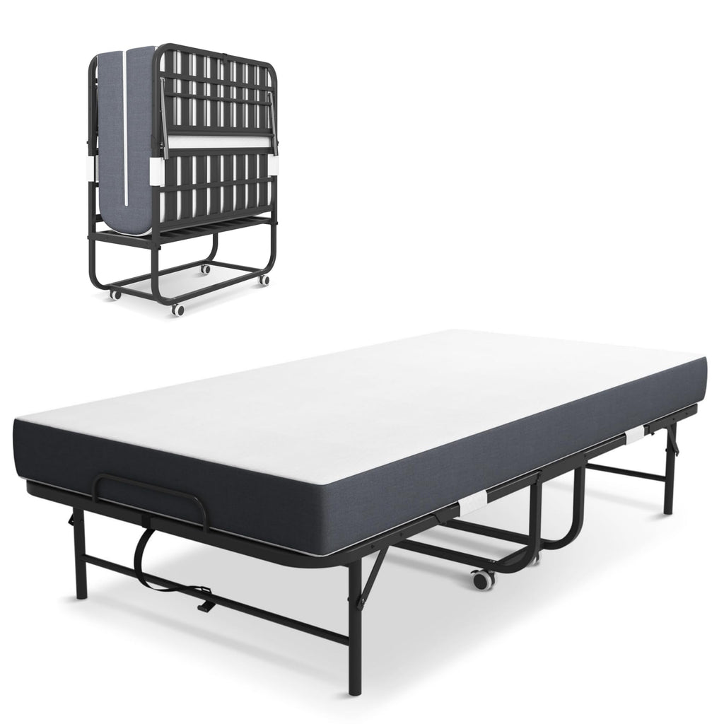 Folding Bed with Mattress, Twin Size Metal Bed Frame with Wheels H547043