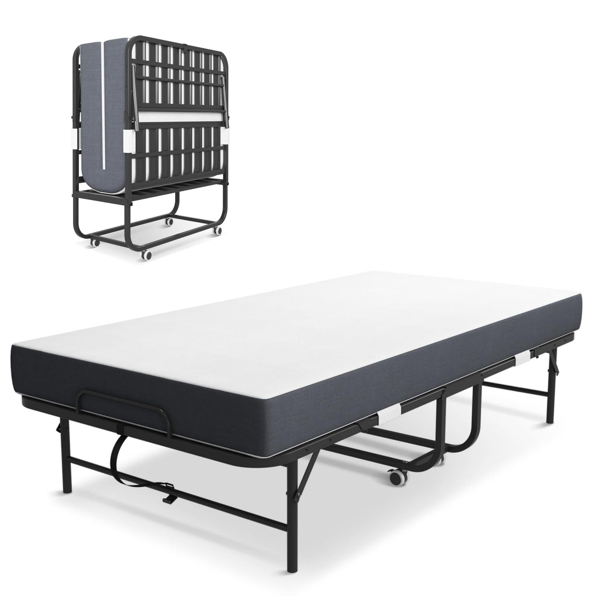 Folding Bed with Mattress, Twin Size Metal Bed Frame with Wheels H547043