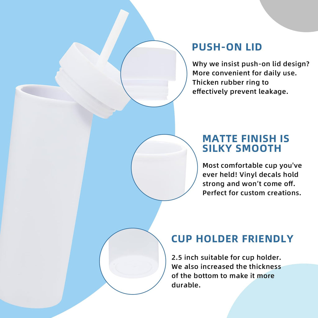 16oz Plastic Skinny Tumbler with Lid and Straw 8 Pack F3611