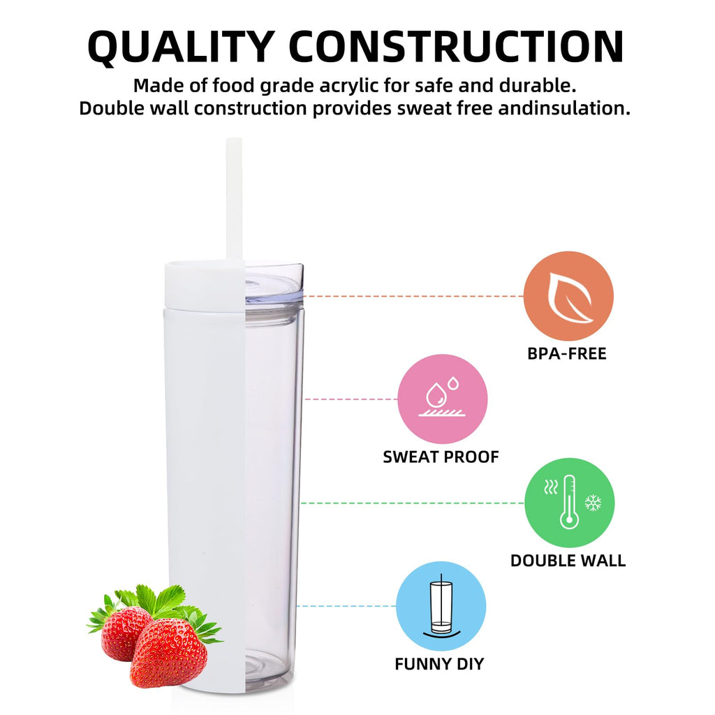 16oz Plastic Skinny Tumbler with Lid and Straw 8 Pack F3611