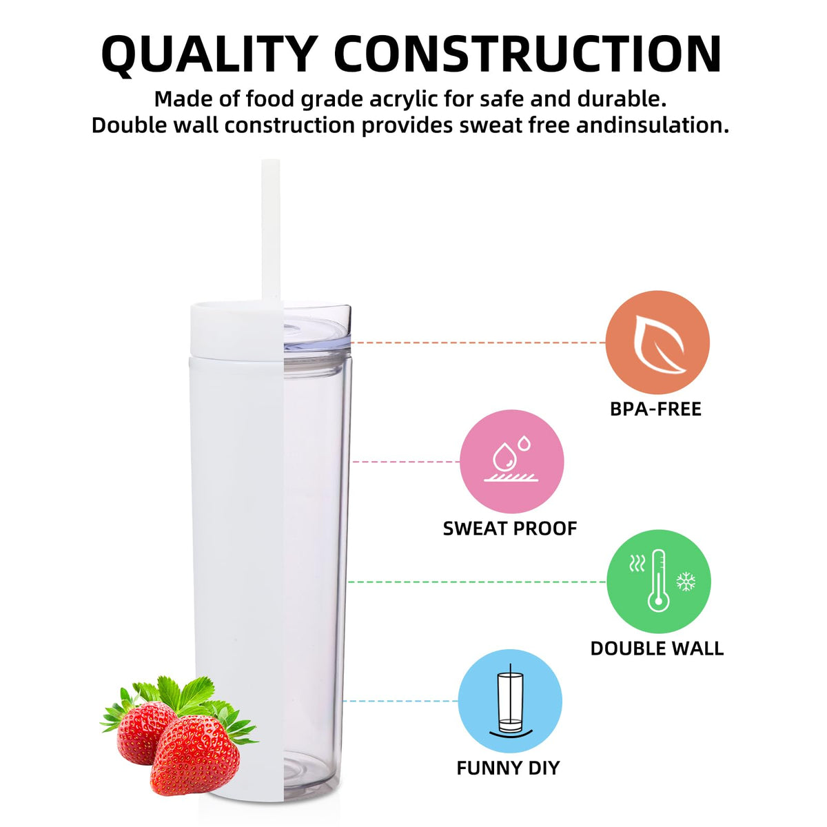 16oz Plastic Skinny Tumbler with Lid and Straw 8 Pack F3611