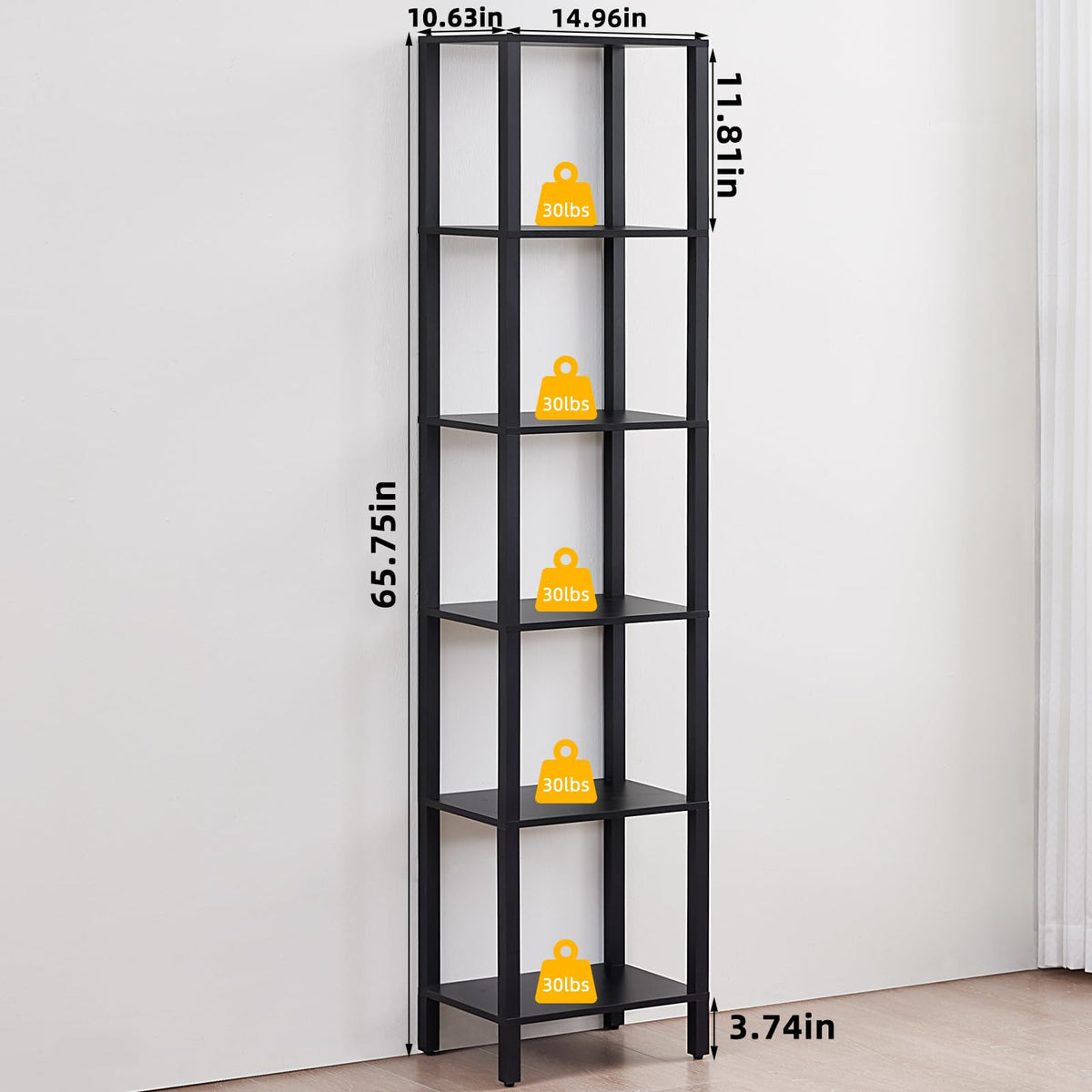 6 Tier Tall Skinny Black Bookshelf C9574