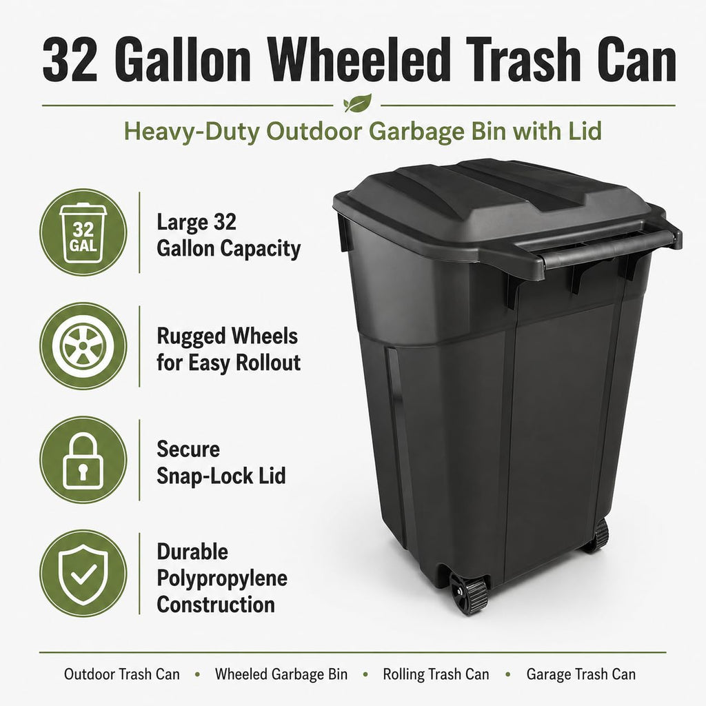32 Gallon Wheeled Heavy-Duty Outdoor Trash Can A373408