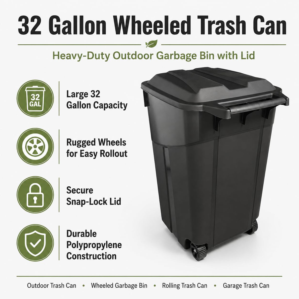 32 Gallon Wheeled Heavy-Duty Outdoor Trash Can A373408