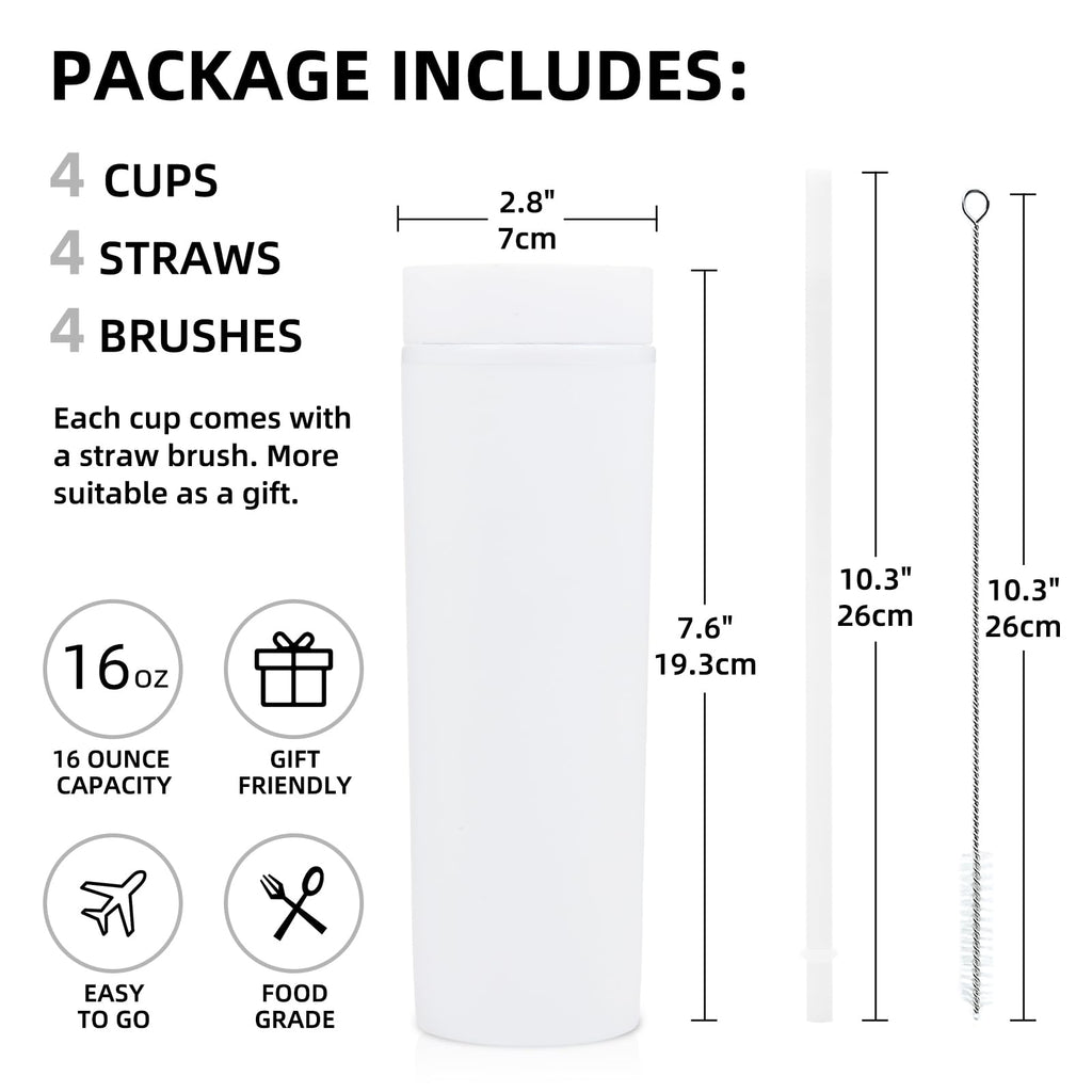 16oz Plastic Skinny Tumbler with Lid and Straw 8 Pack F3611