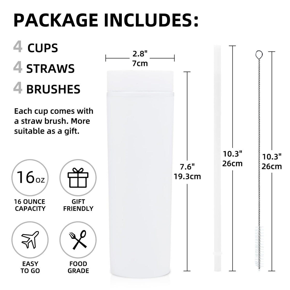 16oz Plastic Skinny Tumbler with Lid and Straw 8 Pack F3611