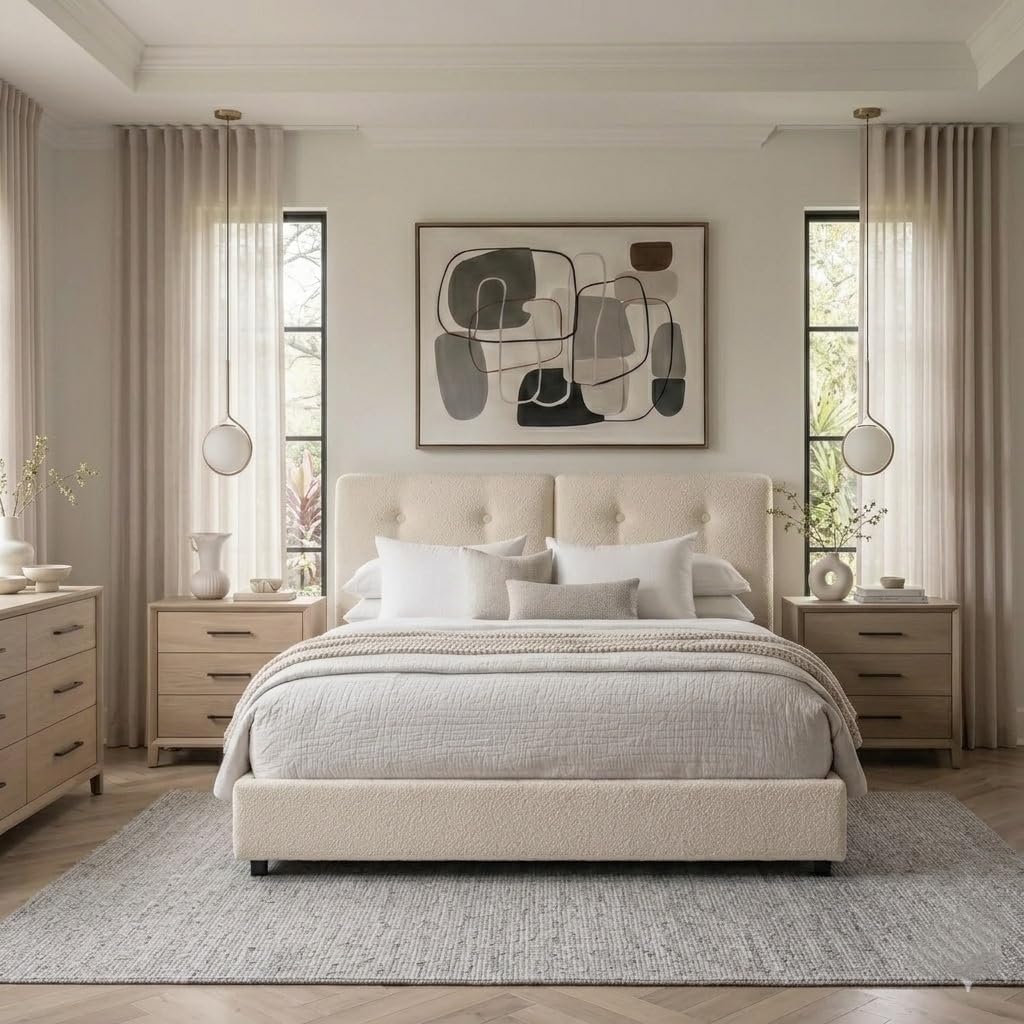 Queen Size Beige Boucle Upholstered Bed Frame with Headboard F569