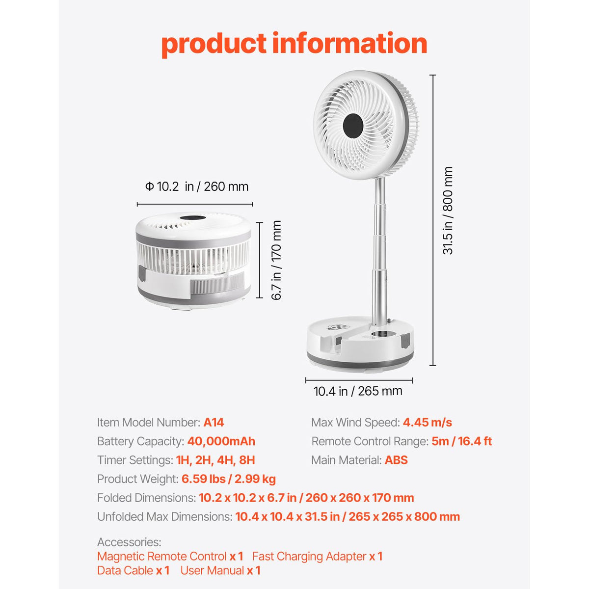 10 Inch Foldable Oscillating Fan, 9 Speeds 40000mAh Battery Portable Desk Fan Q3969