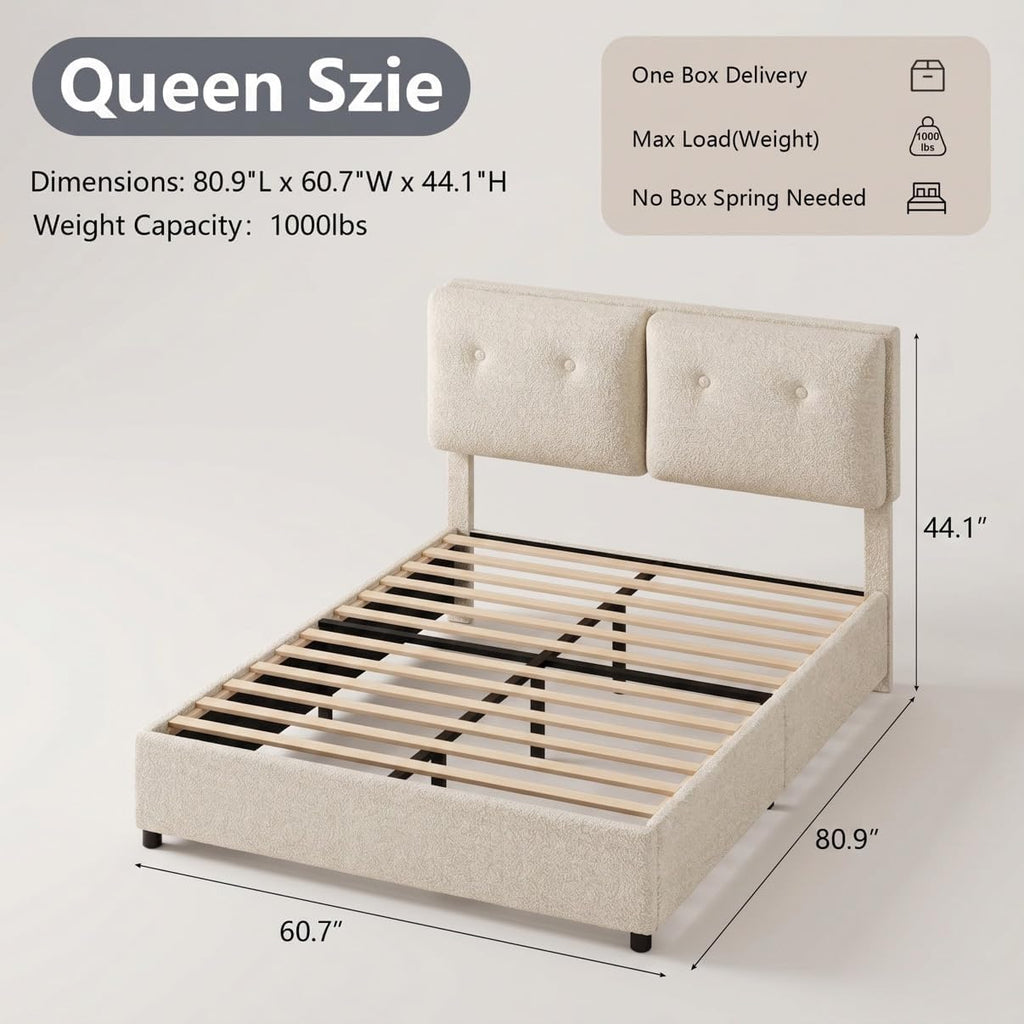 Queen Size Beige Boucle Upholstered Bed Frame with Headboard F569