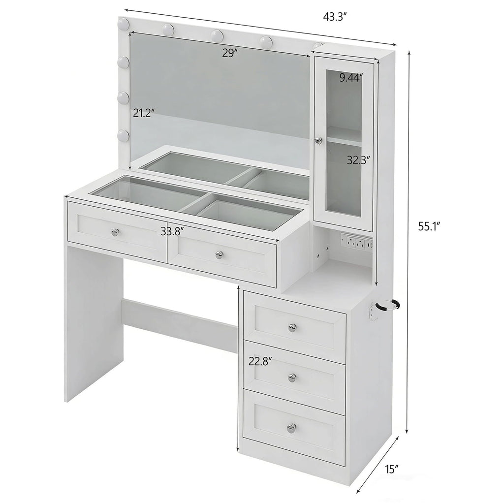 White Vanity Desk with LED Lights Mirror and 5 Storage Drawers F2542