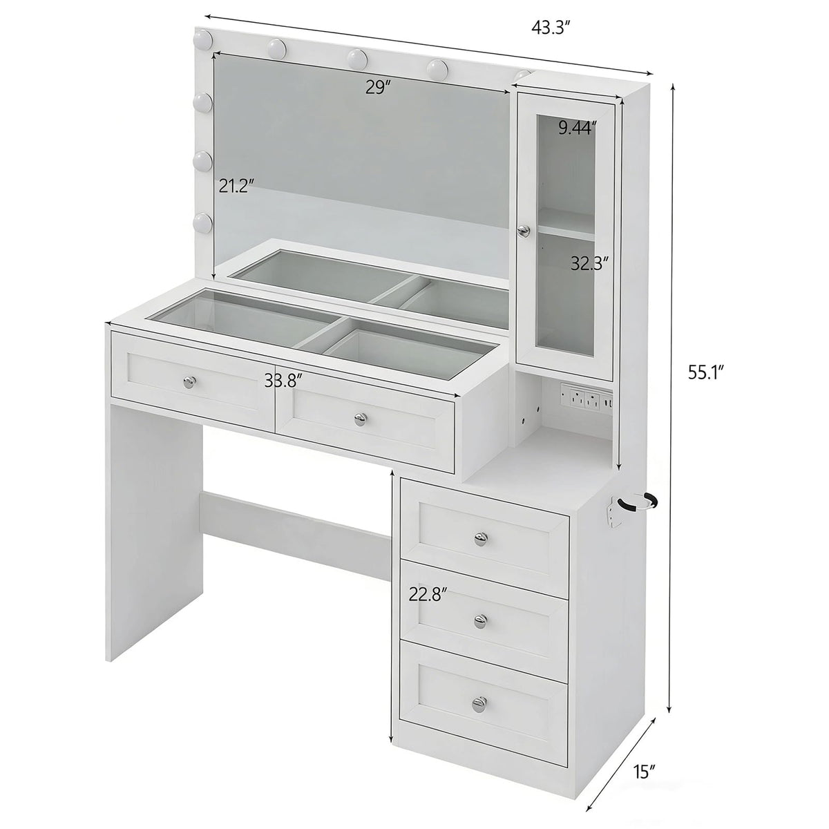 White Vanity Desk with LED Lights Mirror and 5 Storage Drawers F2542