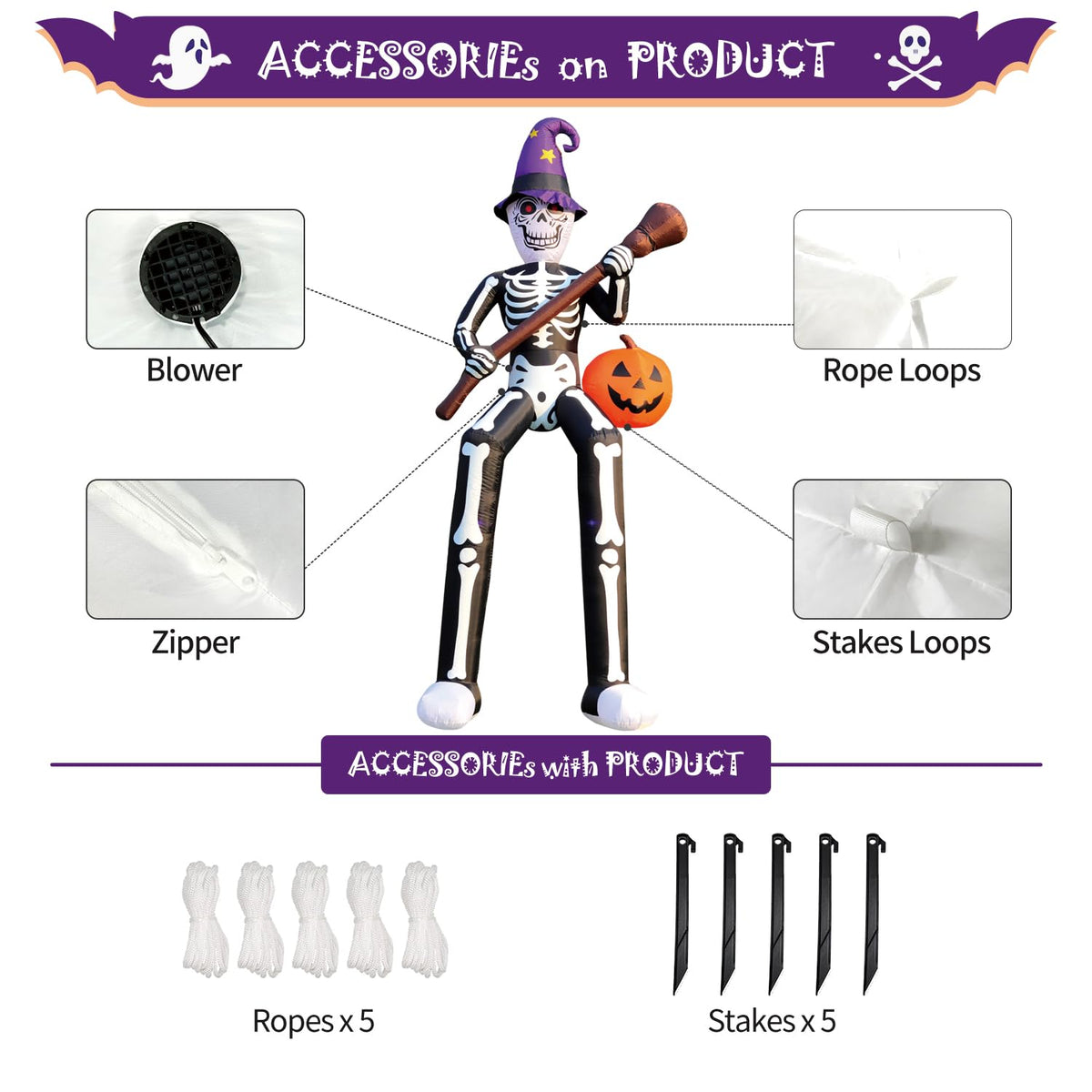 12 FT Halloween Inflatable Skeleton Wizard with Broom & Pumpkin D544553