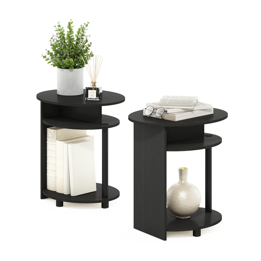 Set of 2 Round End Table with Oval Tabletop and Open Shelf, Walnut R5091