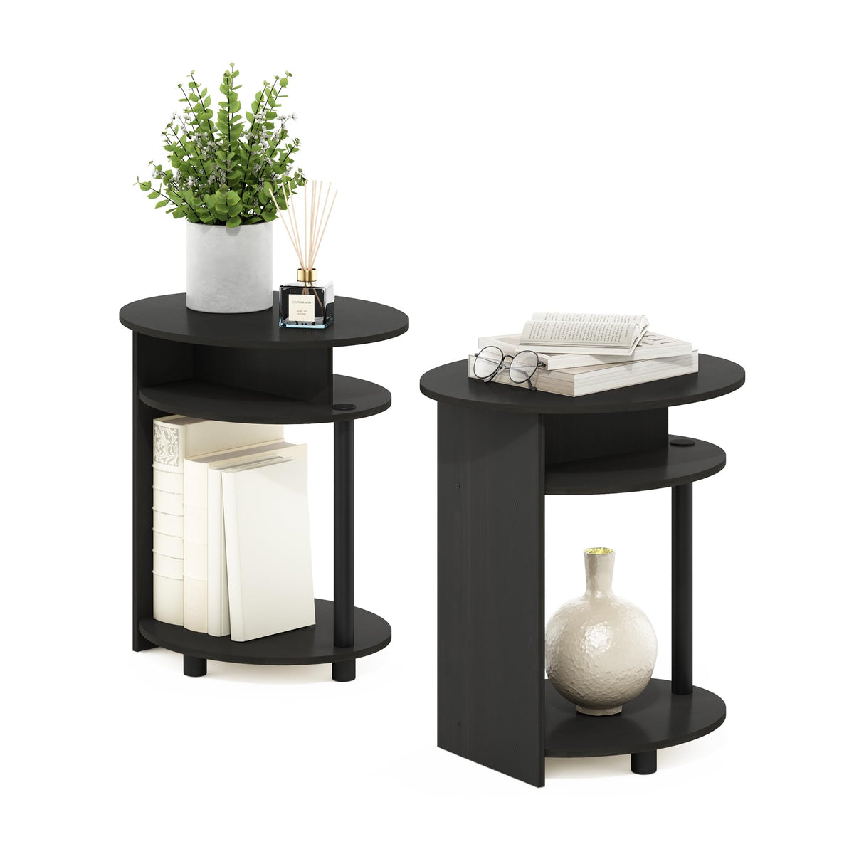 Set of 2 Round End Table with Oval Tabletop and Open Shelf, Walnut R5091