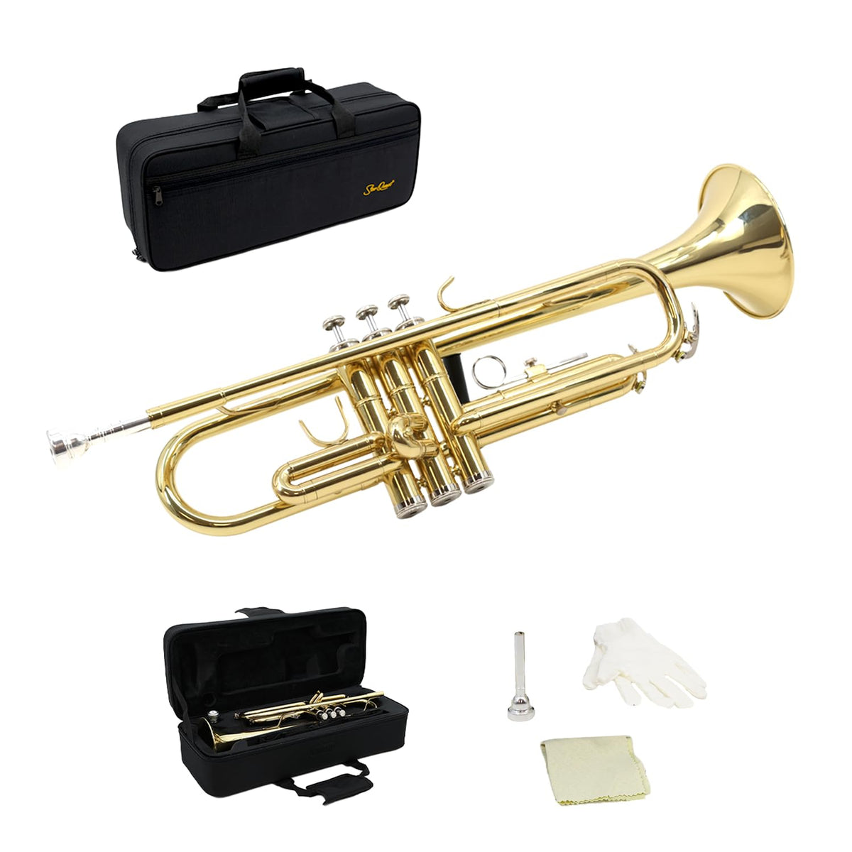 Trumpet Set with Hard Case, Mouthpiece, Cleaning Kit, Brass V709707