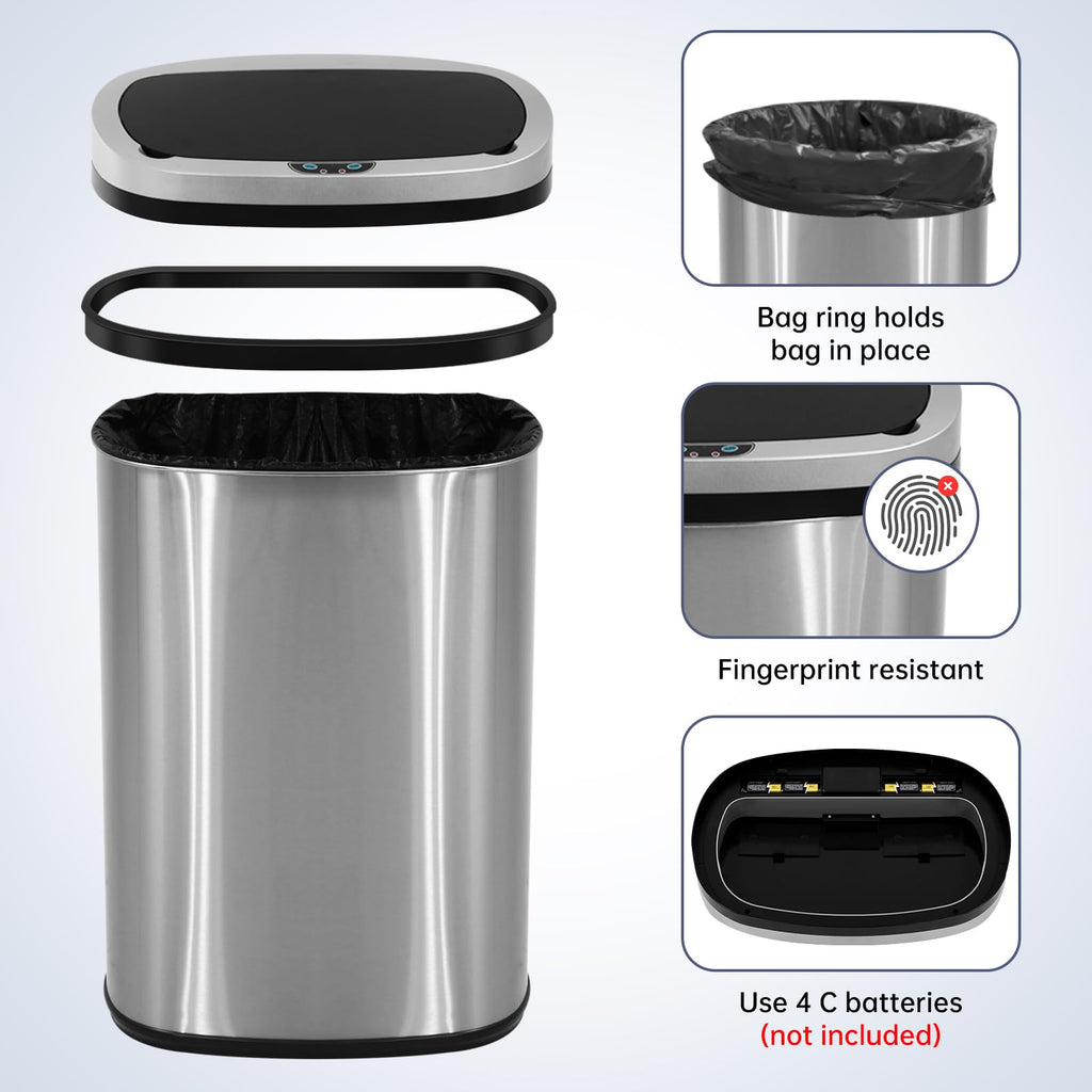13 Gallon Touch-Free Motion Sensor Stainless-Steel Trash Can H23828