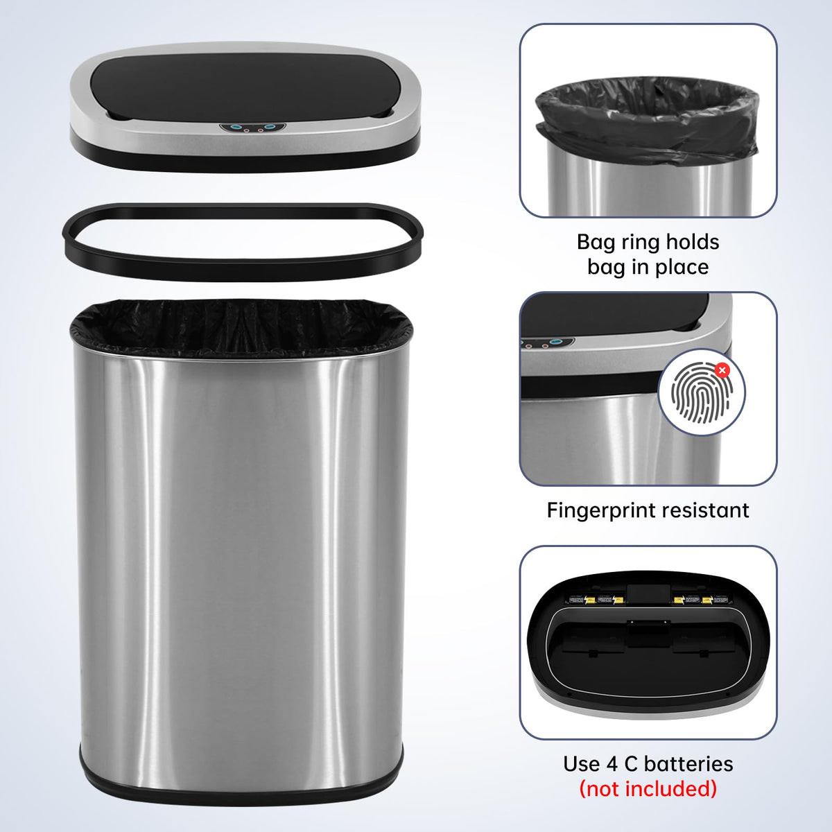 13 Gallon Touch-Free Motion Sensor Stainless-Steel Trash Can H23828