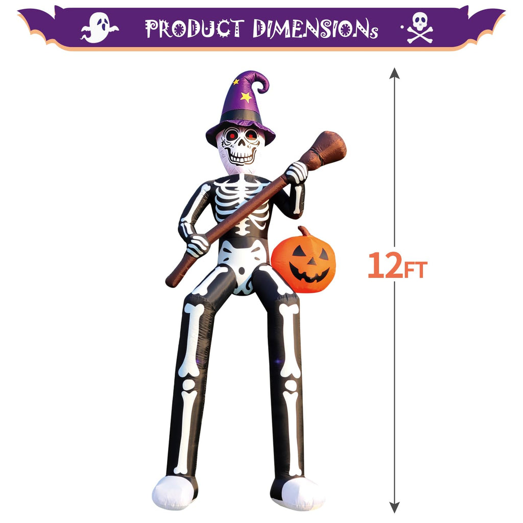 12 FT Halloween Inflatable Skeleton Wizard with Broom & Pumpkin D544553
