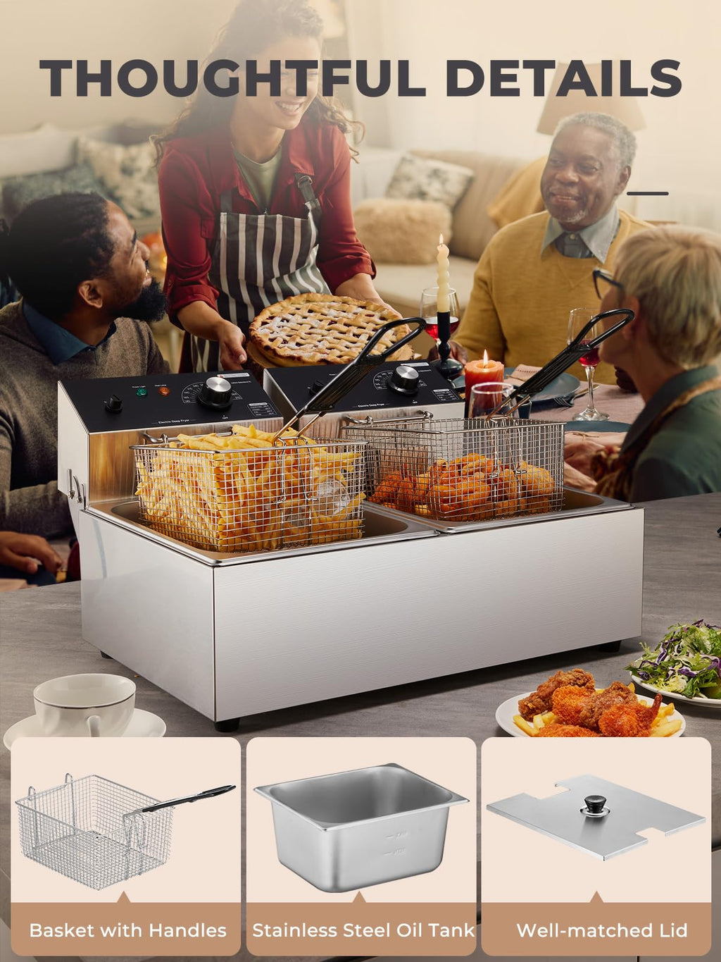 3400W 20.7QT Stainless Steel Electric Deep Fryer with 2 Removable Baskets C304254