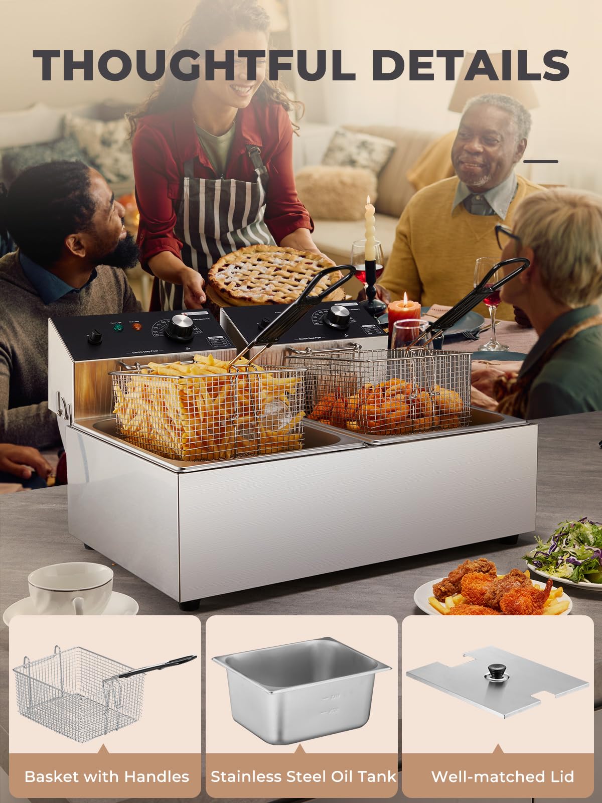 3400W 20.7QT Stainless Steel Electric Deep Fryer with 2 Removable Baskets C304254