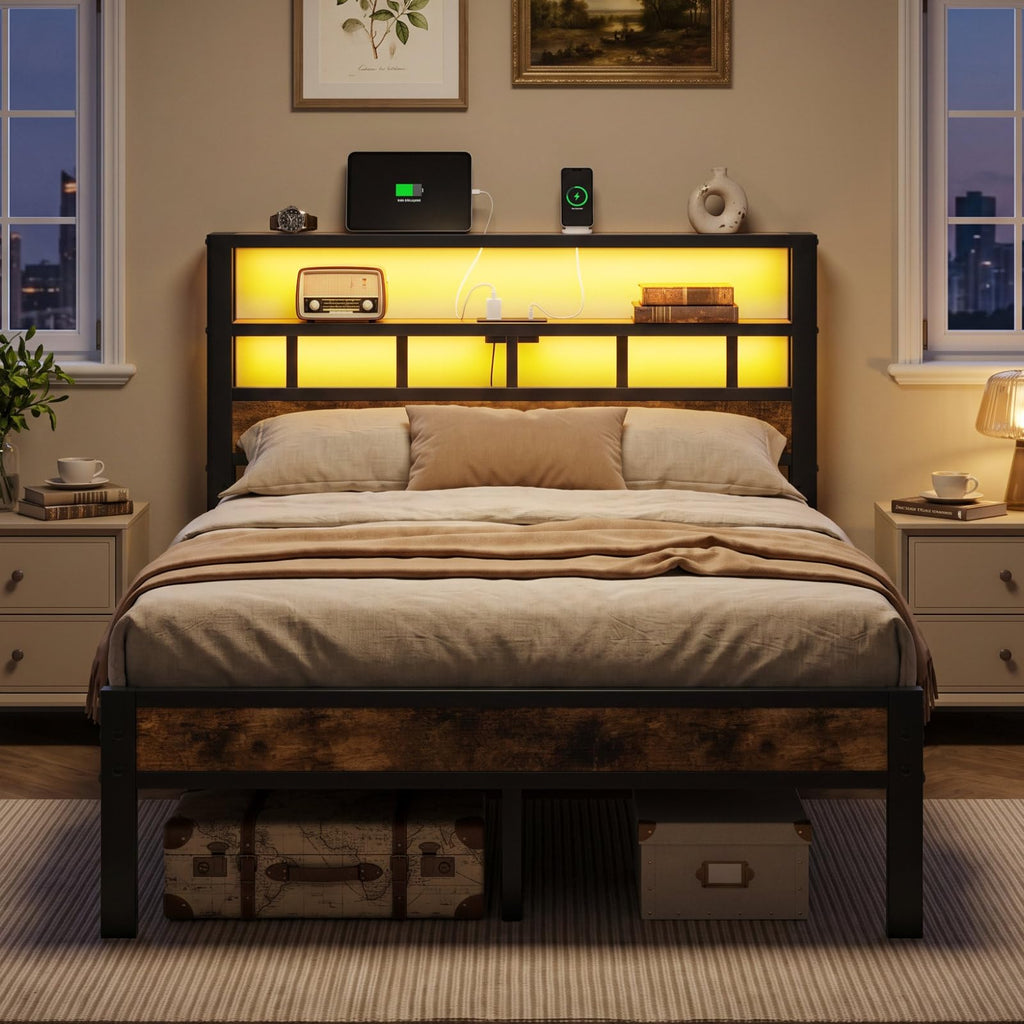 Metal Platform Bed with Charging Station and LED B21553