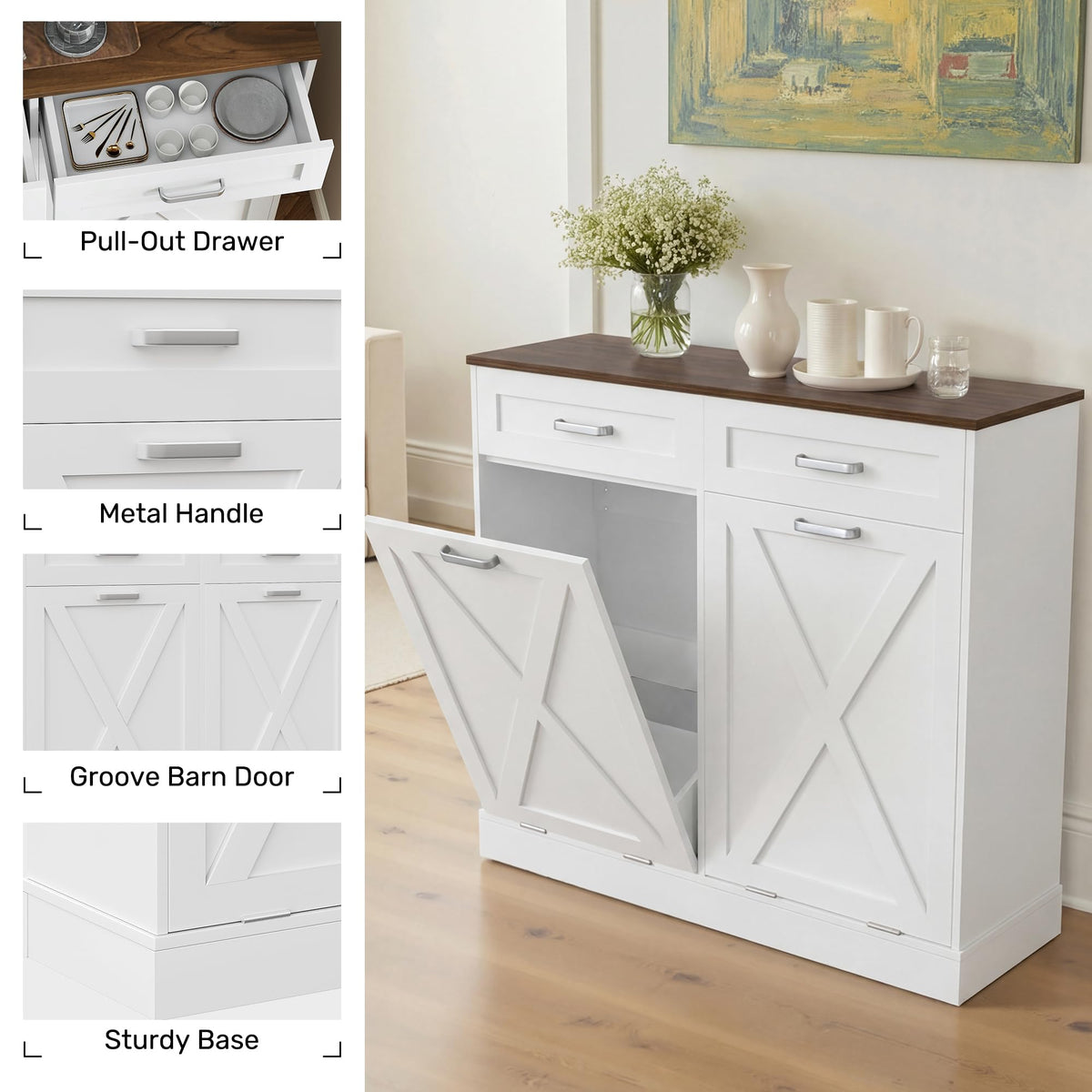 2 x 10 Gallons Double Tilt Out Wooden Trash Can Cabinet with Storage Drawers R341