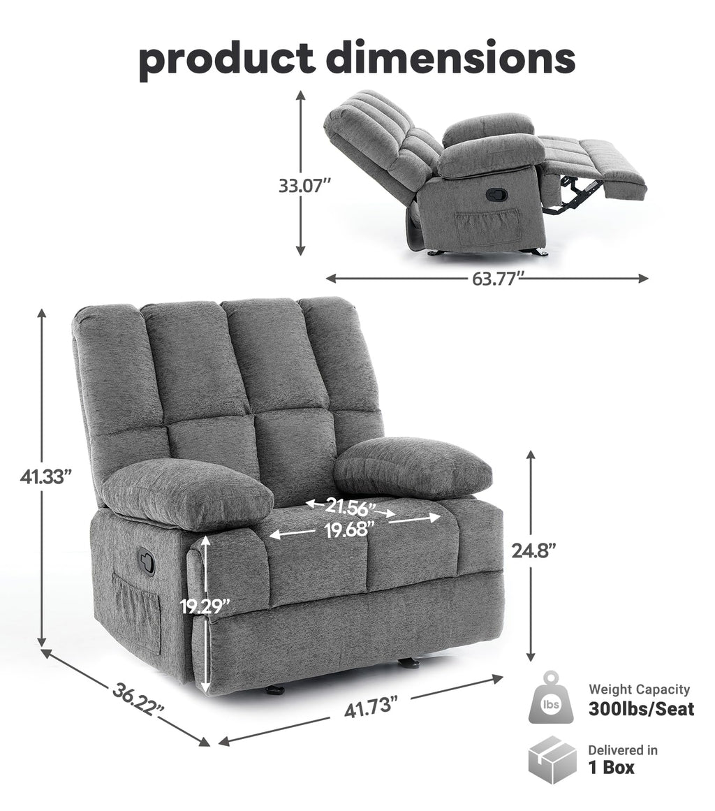 41" Oversized Chenille Rocker Recliner Chair Grey 350 LBS Capacity G194