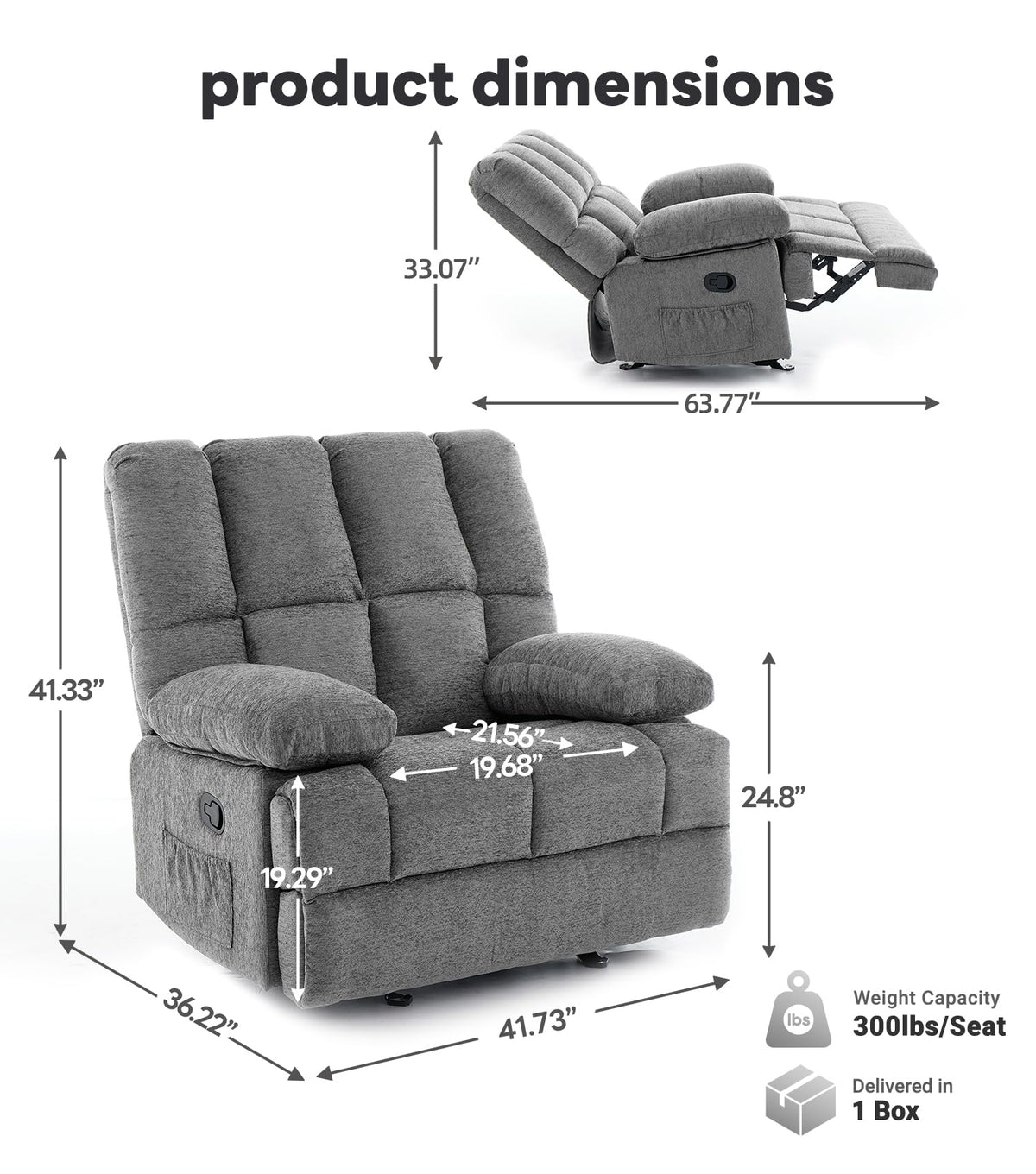 41" Oversized Chenille Rocker Recliner Chair Grey 350 LBS Capacity G194