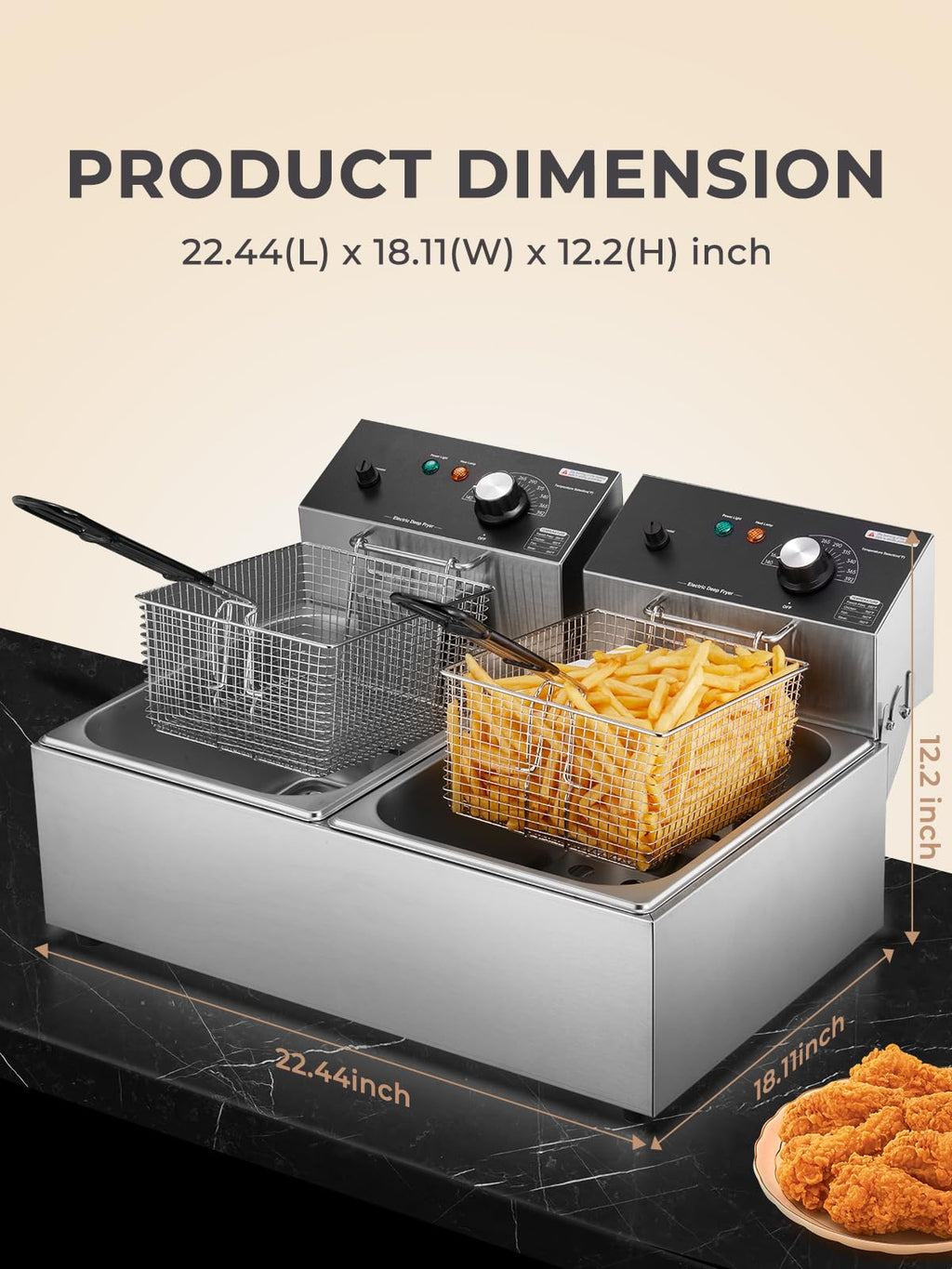 3400W 20.7QT Stainless Steel Electric Deep Fryer with 2 Removable Baskets C304254