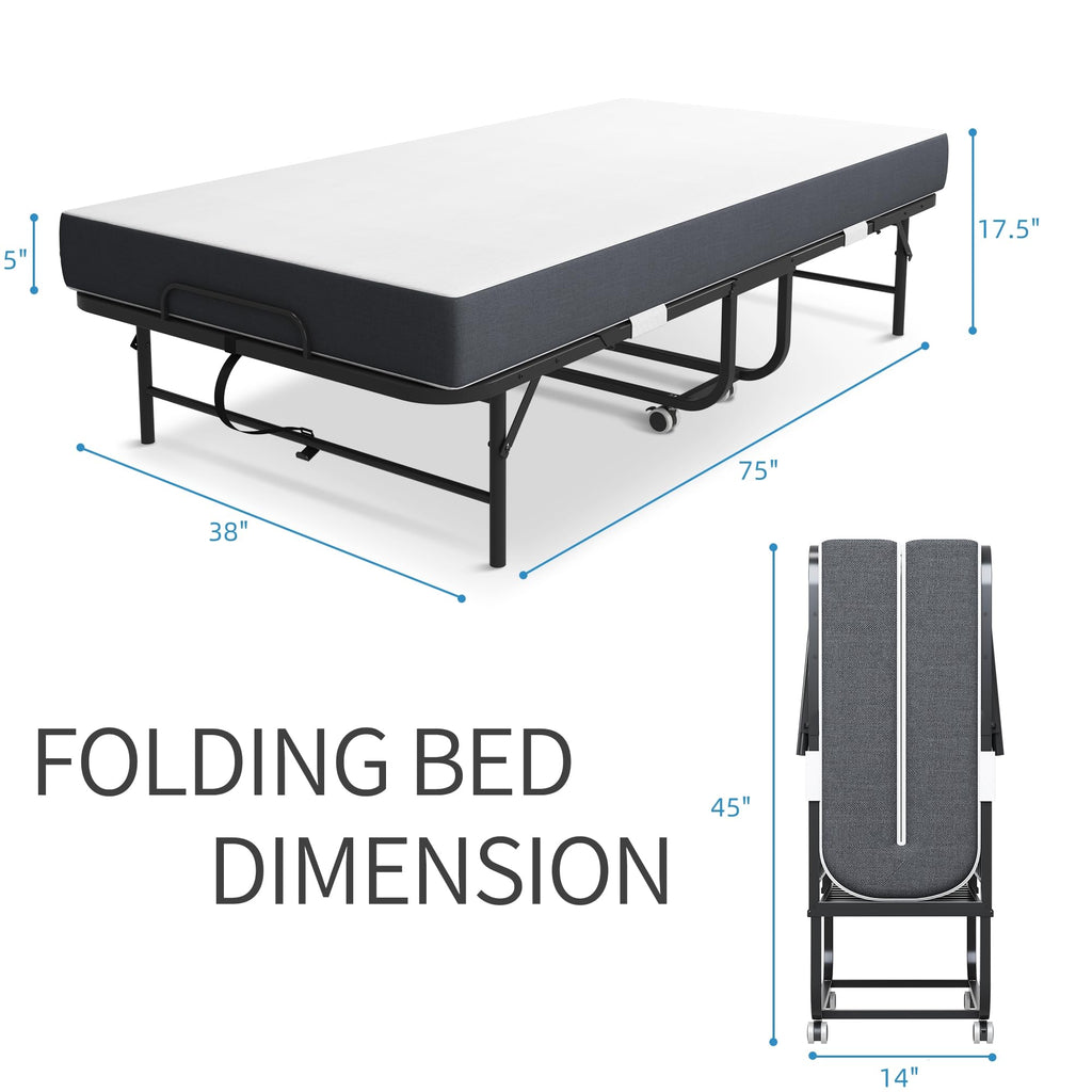 Folding Bed with Mattress, Twin Size Metal Bed Frame with Wheels H547043