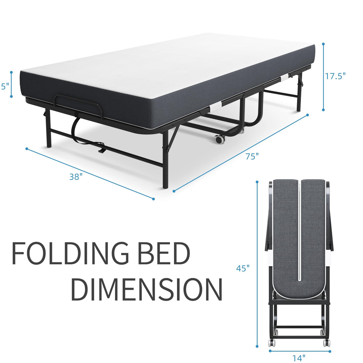Folding Bed with Mattress, Twin Size Metal Bed Frame with Wheels H547043