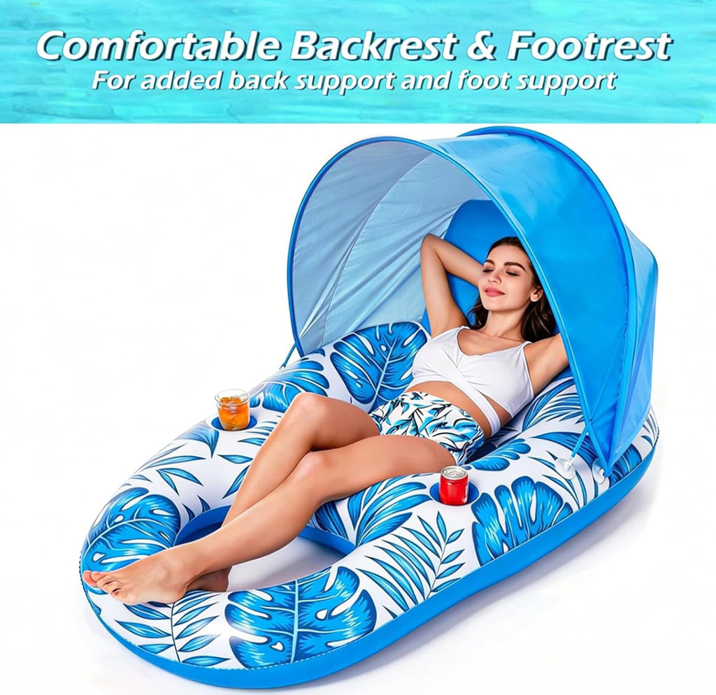 Inflatable Pool Float Lounger with Canopy and Cup Holders T62797