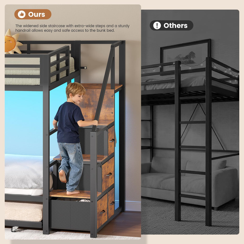 Twin Over Twin Metal Bunk Bed with Trundle and Staircase, Black X23144