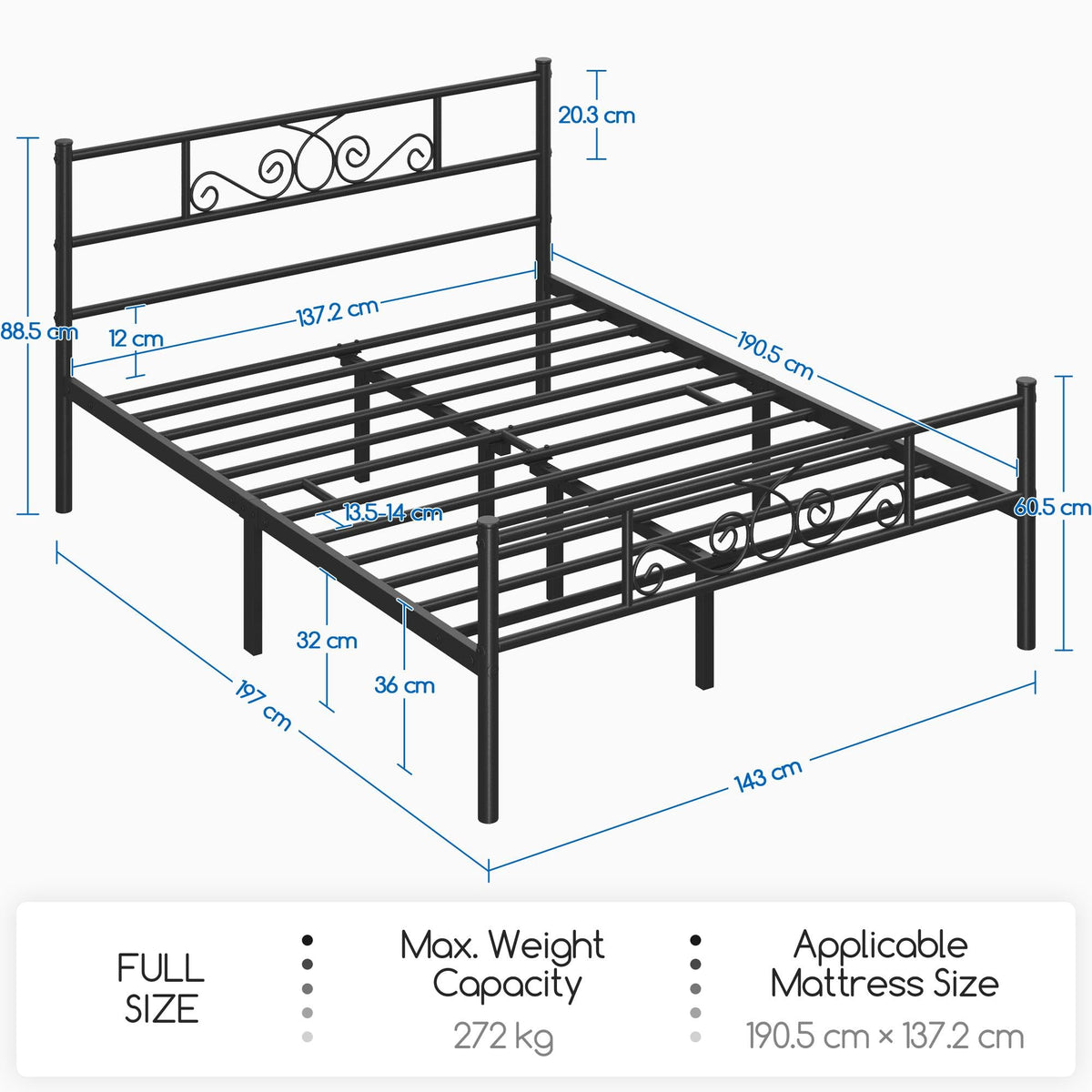 Black Metal Bed Frame with Headboard and Footboard H647865