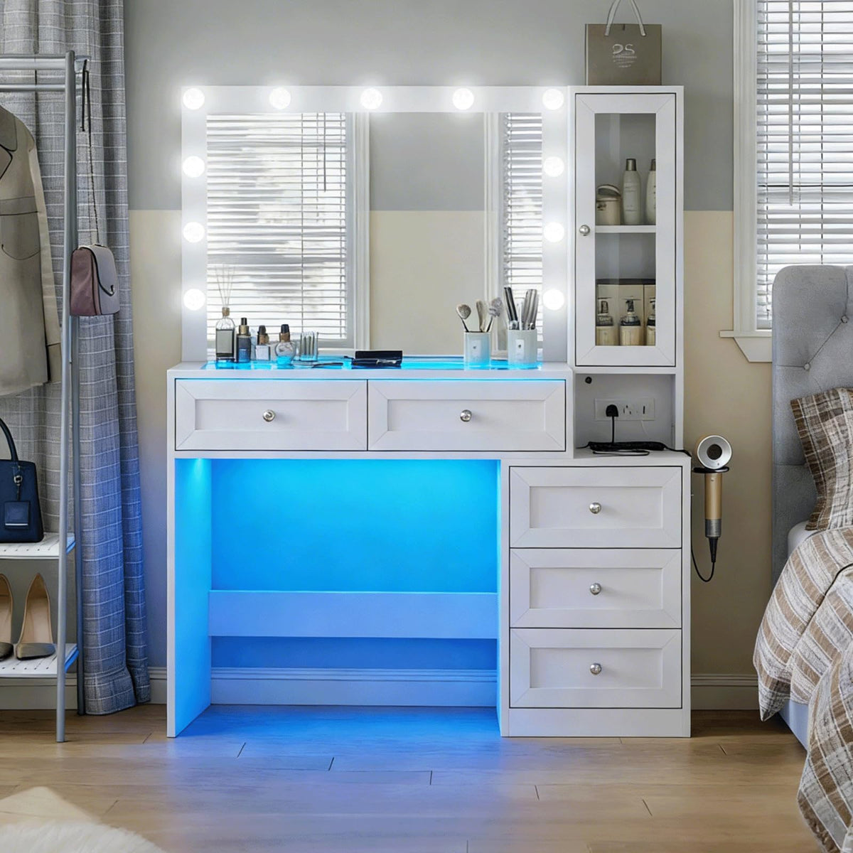 White Vanity Desk with LED Lights Mirror and 5 Storage Drawers F2542