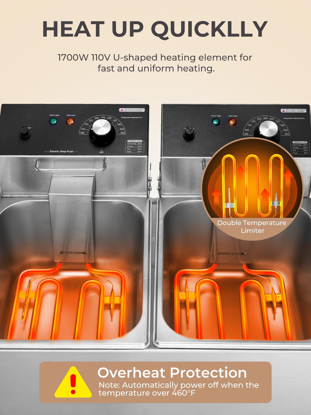3400W 20.7QT Stainless Steel Electric Deep Fryer with 2 Removable Baskets C304254