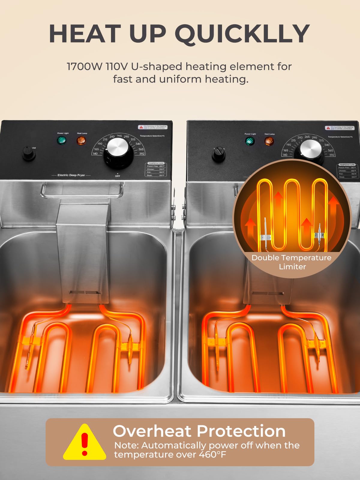 3400W 20.7QT Stainless Steel Electric Deep Fryer with 2 Removable Baskets C304254