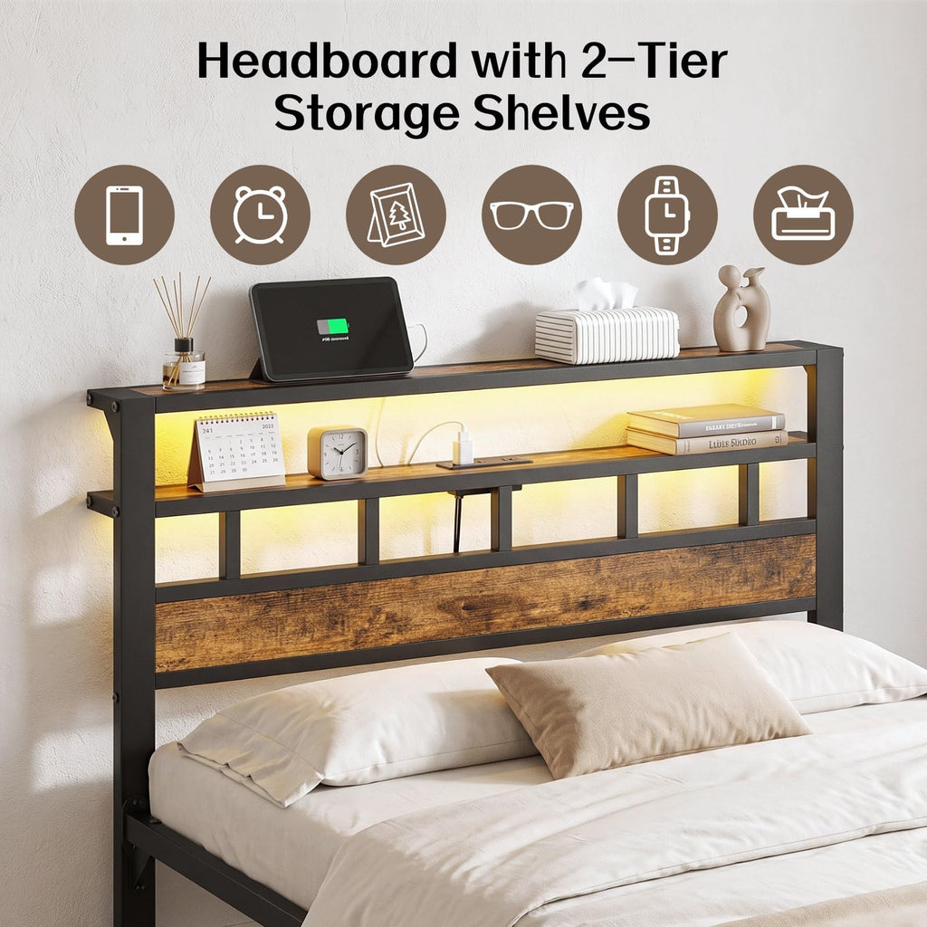 Metal Platform Bed with Charging Station and LED B21553