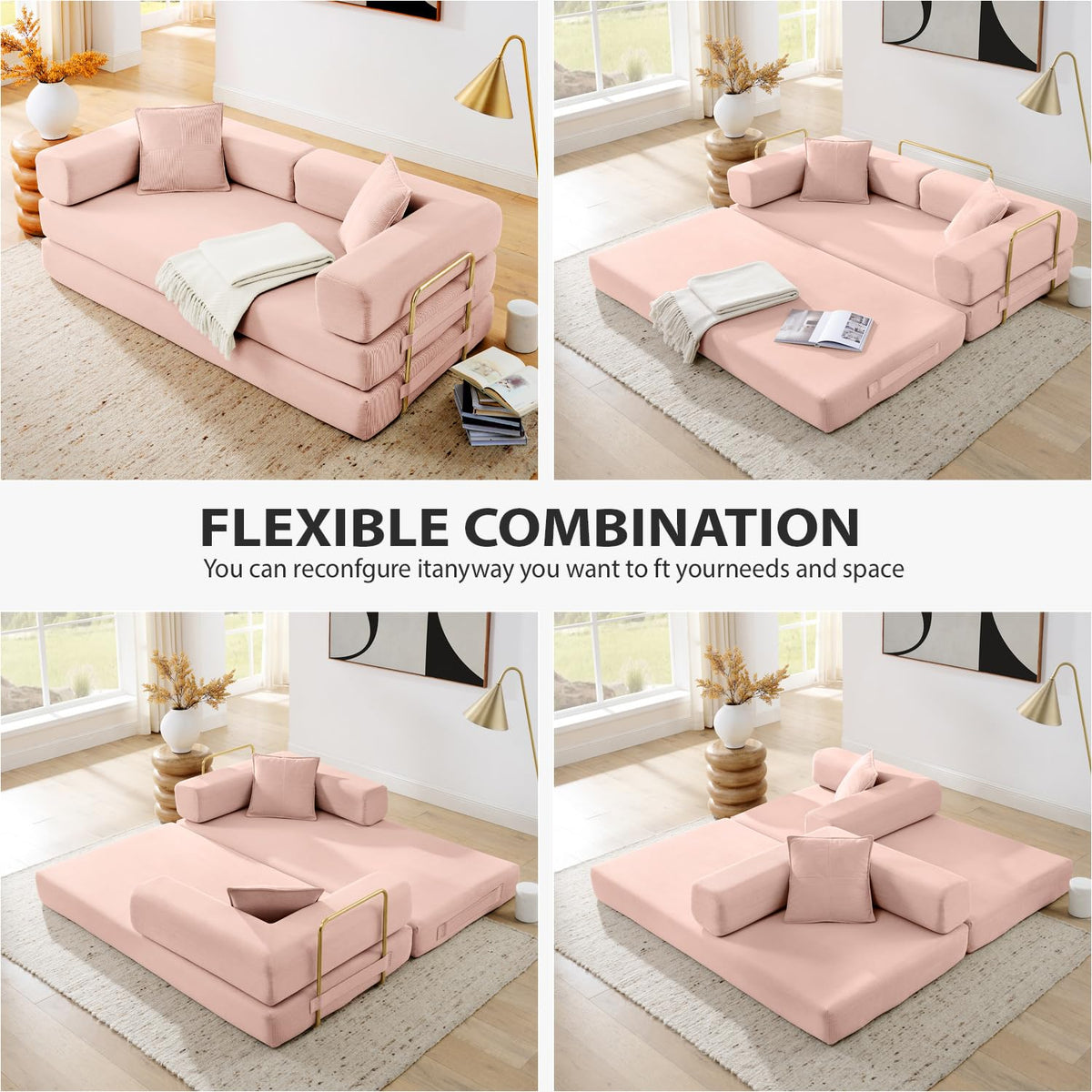 Pink Corduroy Convertible Sofa Bed M257579