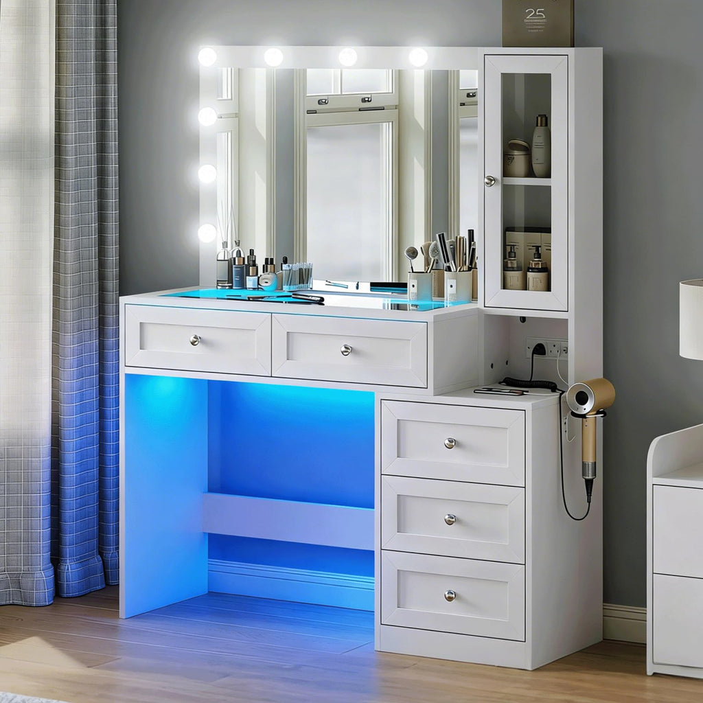 White Vanity Desk with LED Lights Mirror and 5 Storage Drawers F2542
