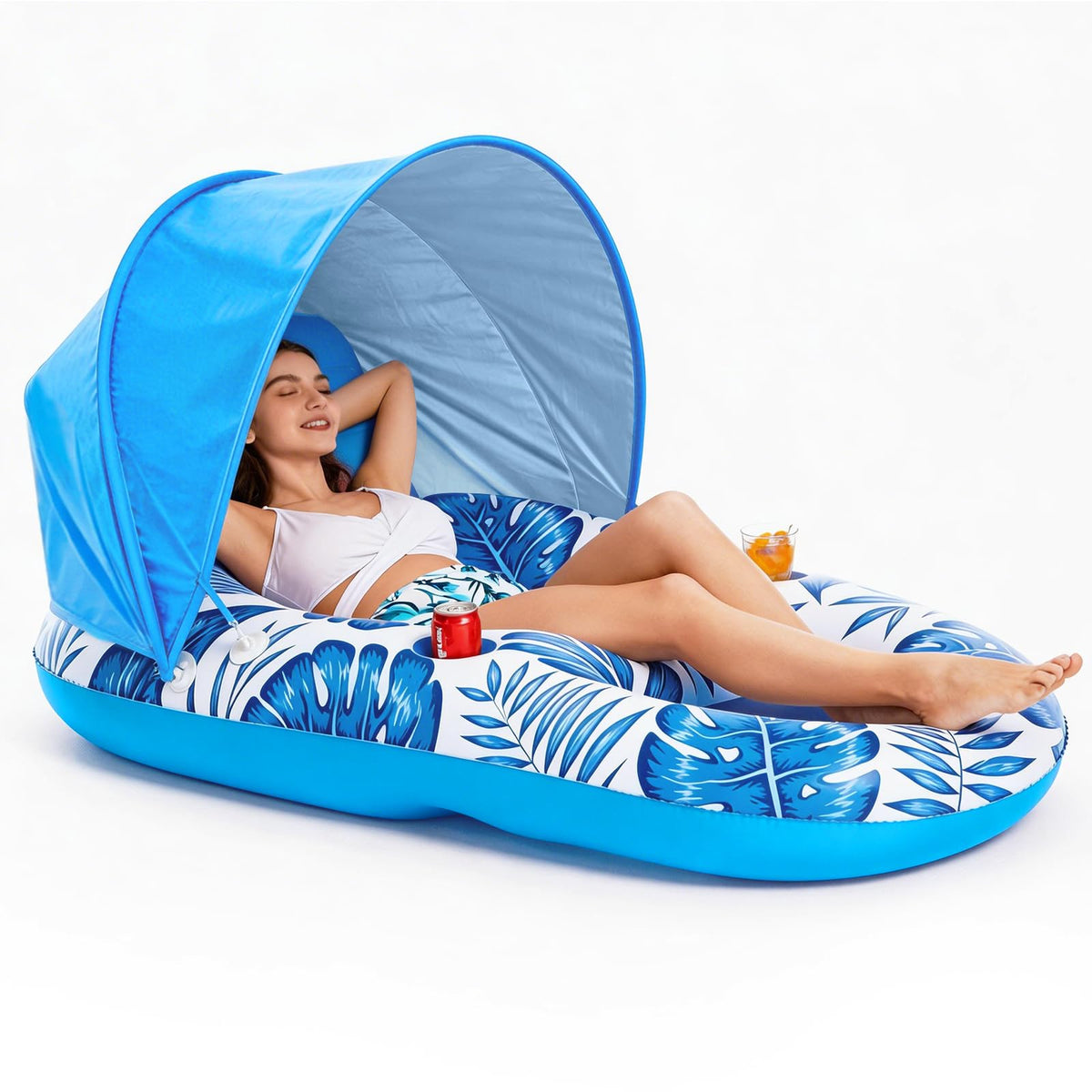 Inflatable Pool Float Lounger with Canopy and Cup Holders T62797