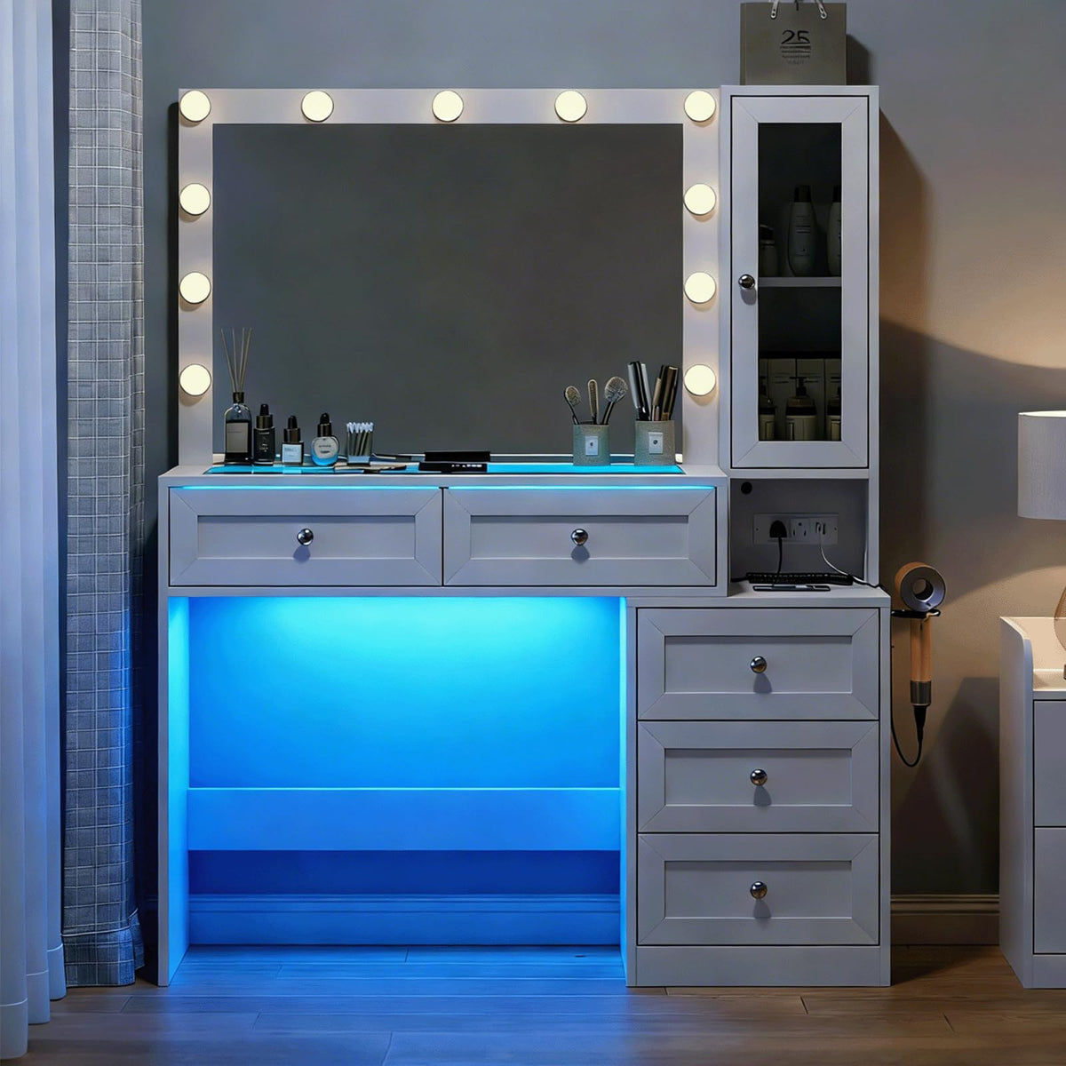 White Vanity Desk with LED Lights Mirror and 5 Storage Drawers F2542