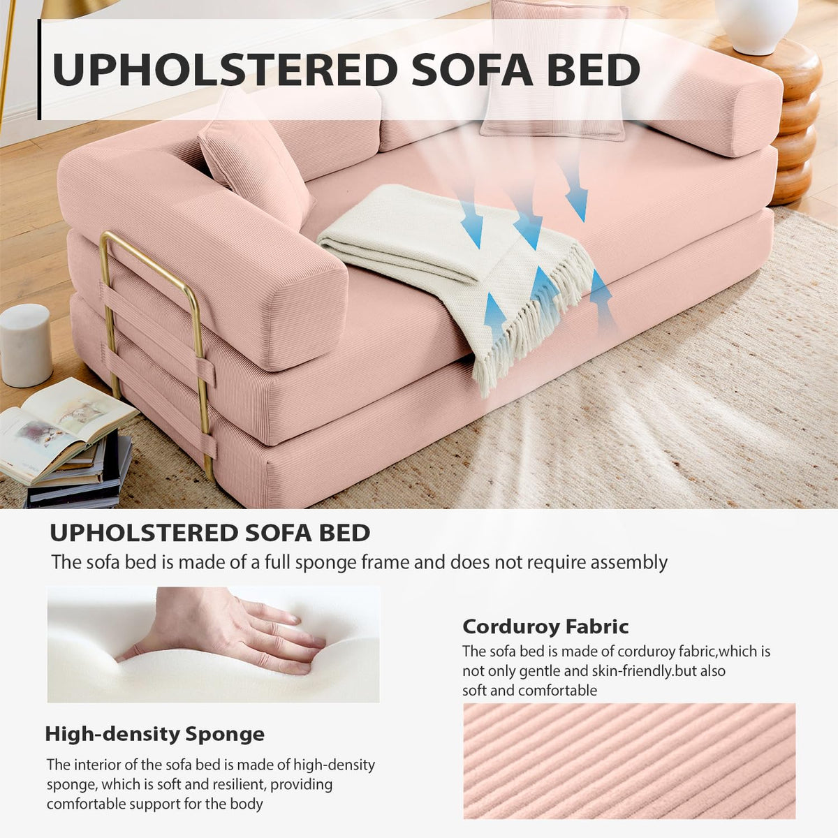 Pink Corduroy Convertible Sofa Bed M257579