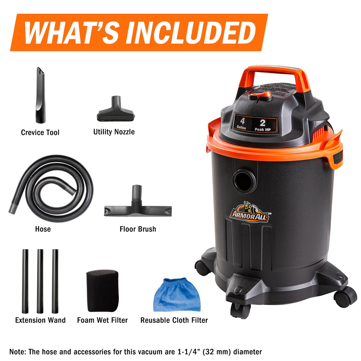 4 Gallon Wet/Dry Vac 2.0 Peak HP Shop Vacuum with Nozzles & Brush G8102