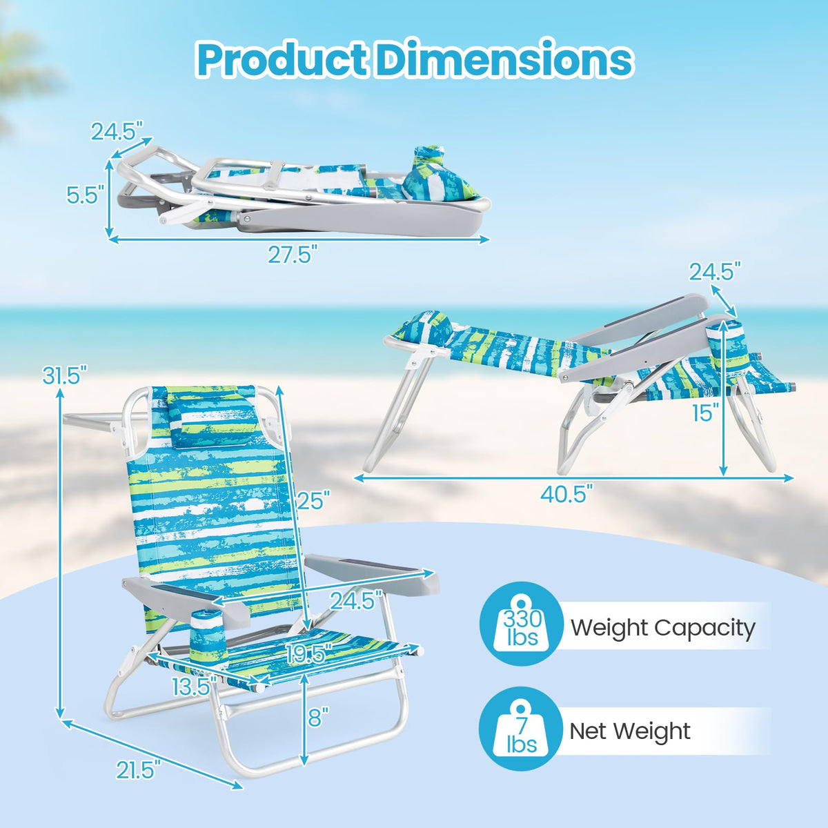 2Pcs Folding Camping Chair with Adjustable Backrest, Cup Holder & Headrest, Green U1560