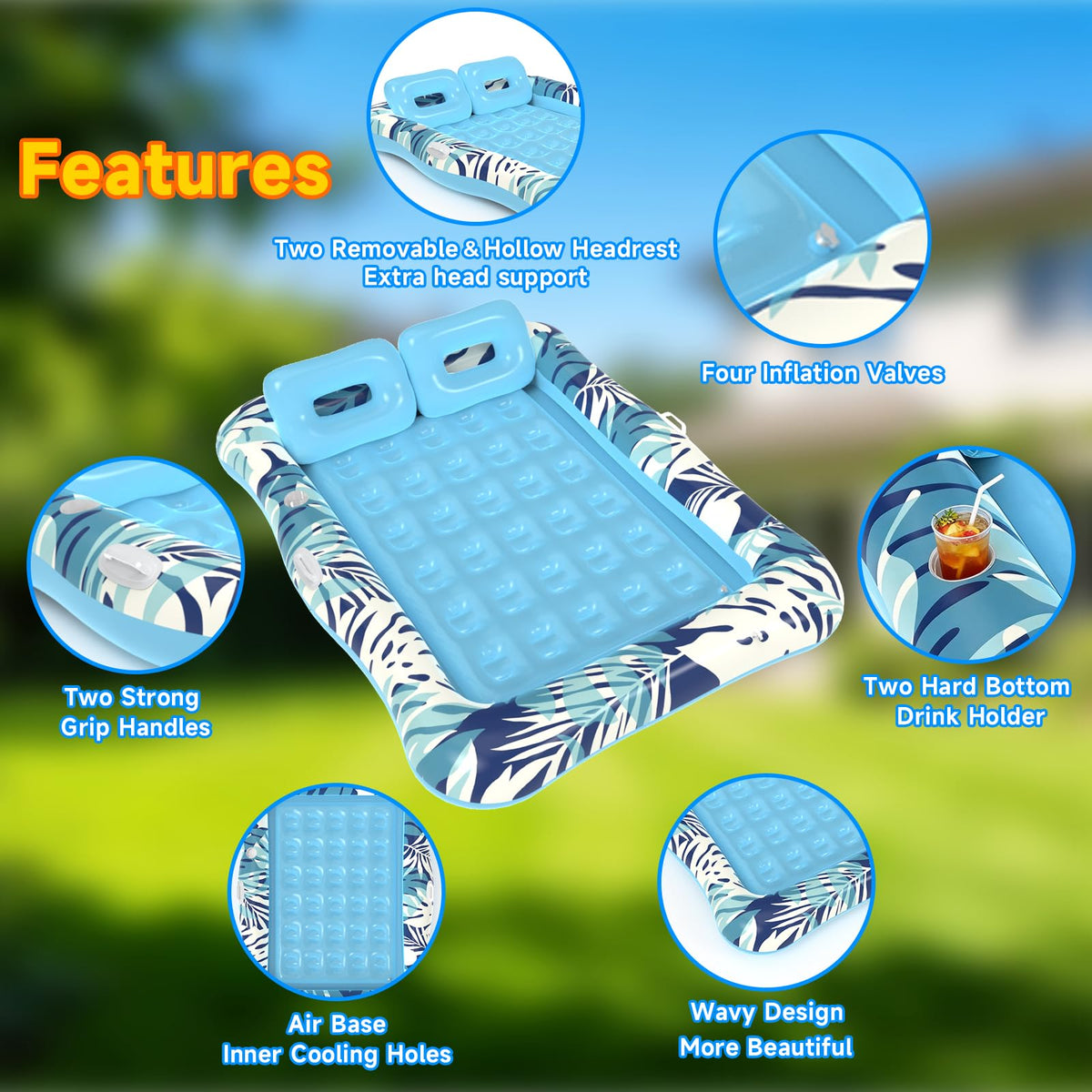 75"x64" XXL Inflatable Tanning Pool Lounger Float with Pillow Blue Z68812