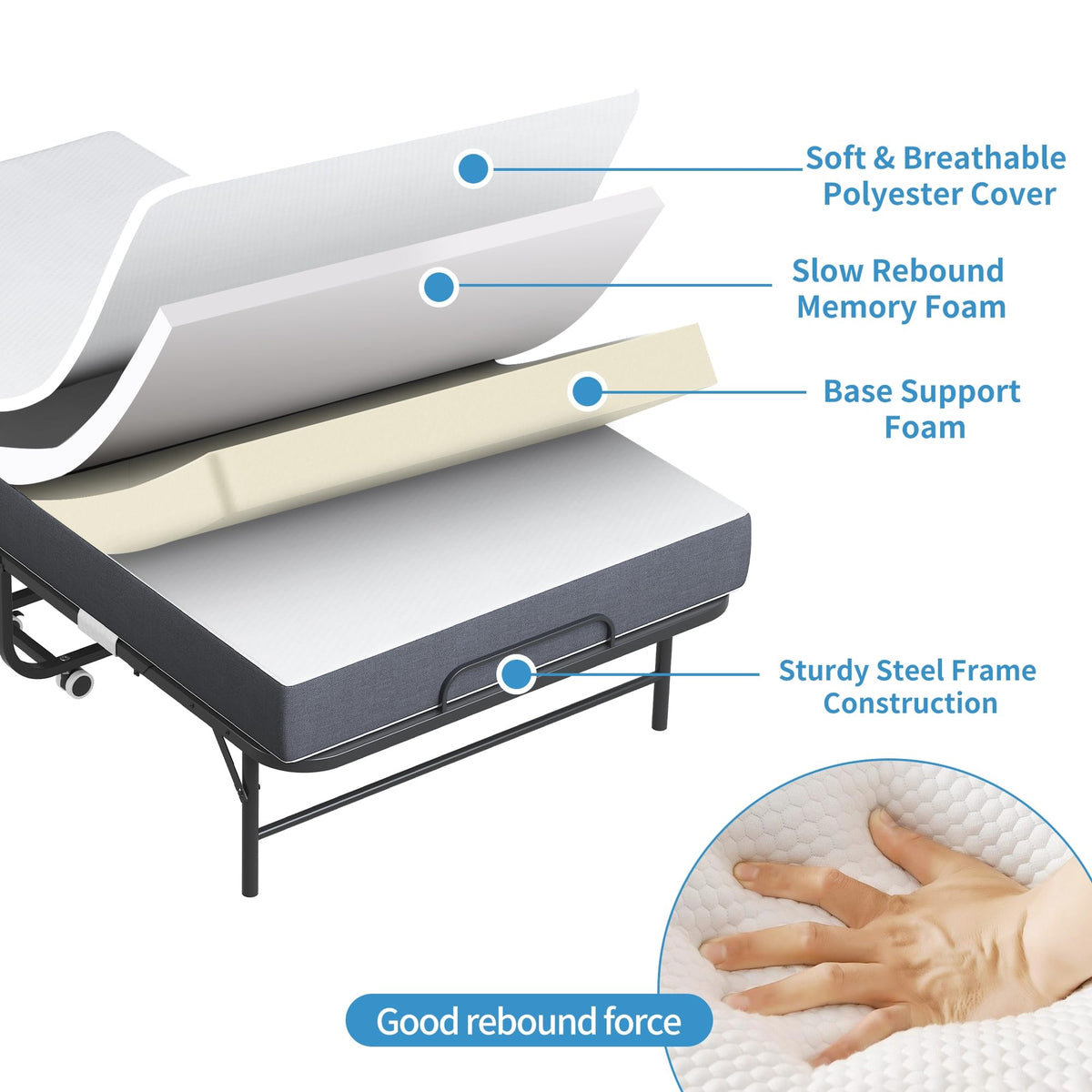 Folding Bed with Mattress, Twin Size Metal Bed Frame with Wheels H547043