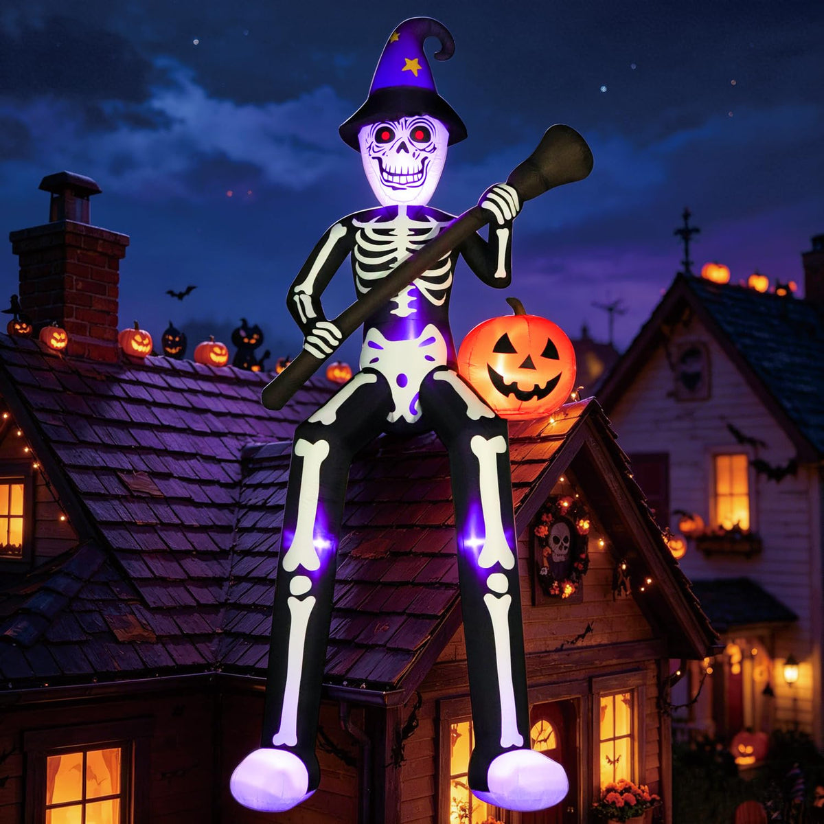 12 FT Halloween Inflatable Skeleton Wizard with Broom & Pumpkin D544553