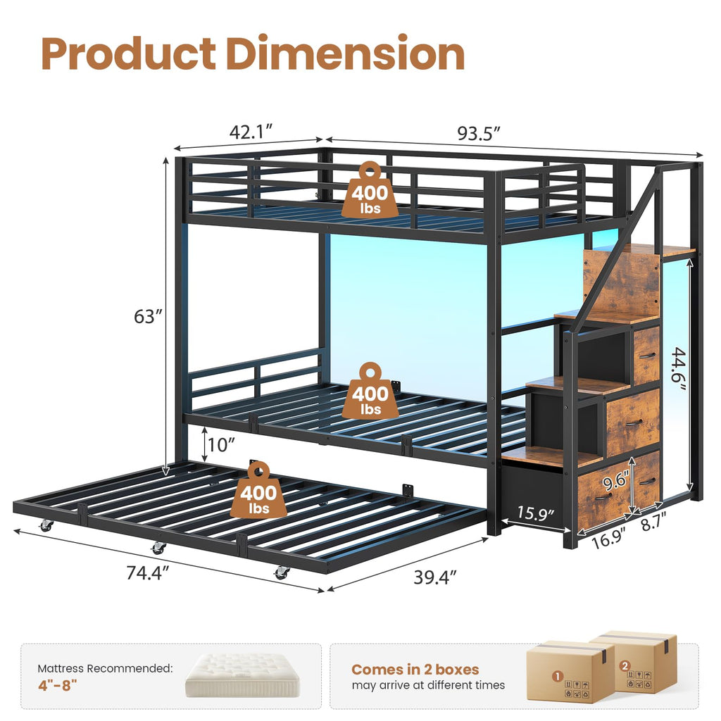 Twin Over Twin Metal Bunk Bed with Trundle and Staircase, Black X23144